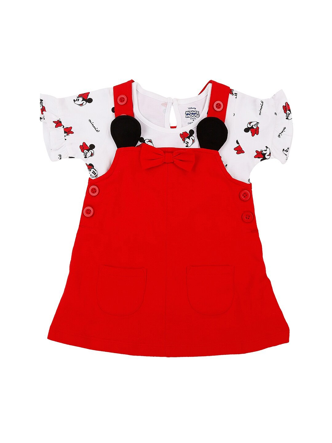 

Pantaloons Baby Infant Girls Minnie Mouse Printed Pure Cotton Top With Dungaree, Red