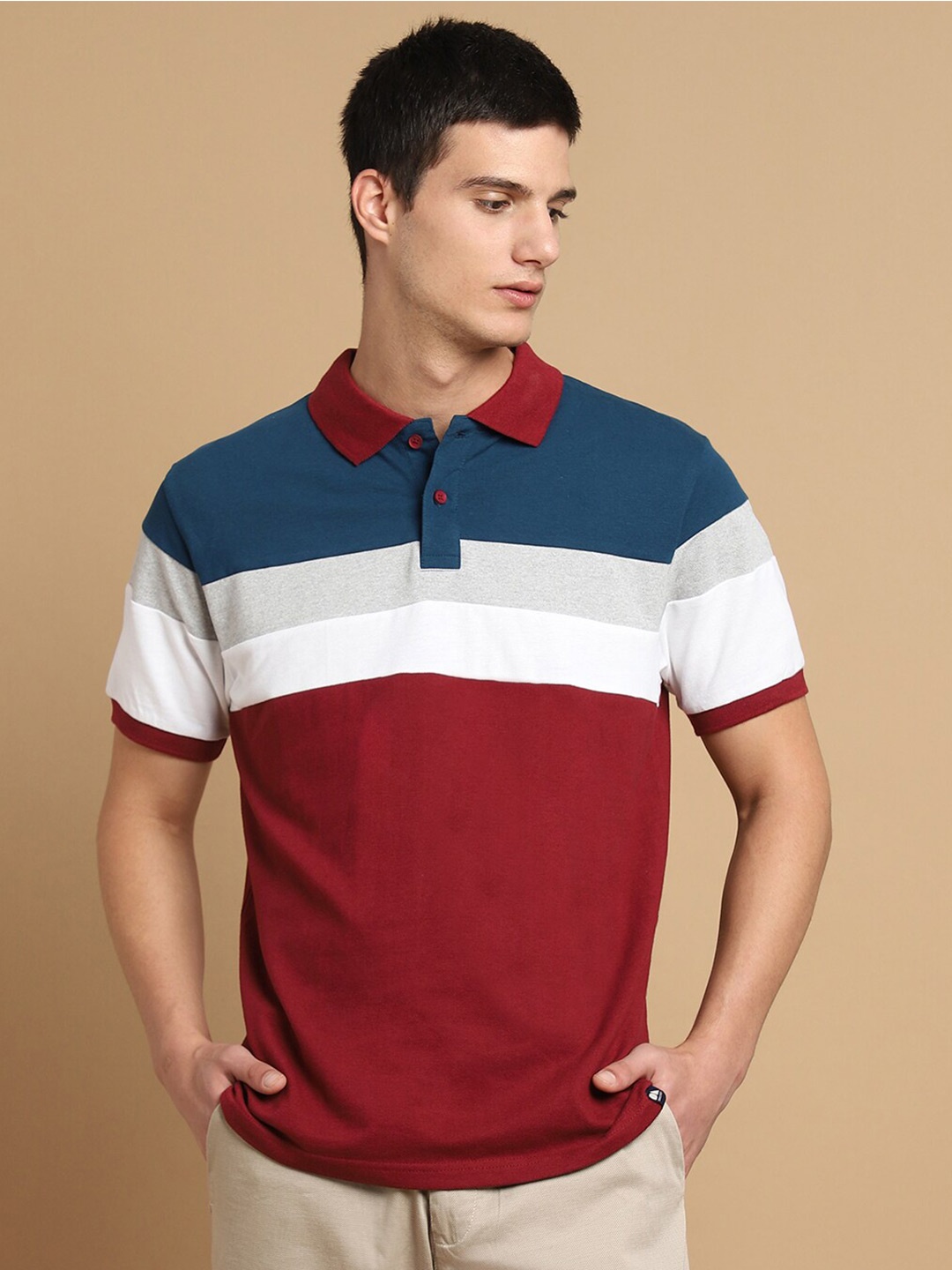 

Dennis Lingo Colourblocked Polo Collar Pure Cotton T-shirt, Maroon