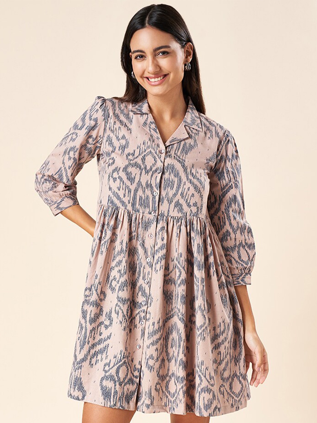 

AKKRITI BY PANTALOONS Ethnic Motifs Printed Shirt Collar Gathered Shirt Dress, Grey