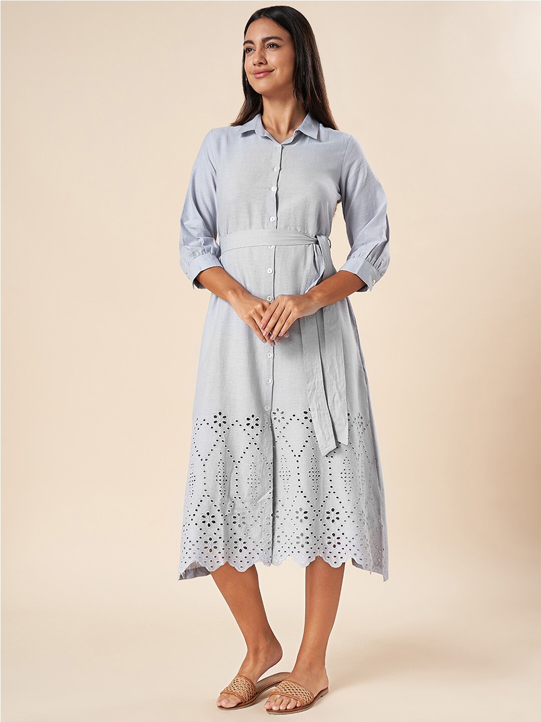 

AKKRITI BY PANTALOONS Self Design Shirt Collar Belted Shirt Midi Dress, Blue