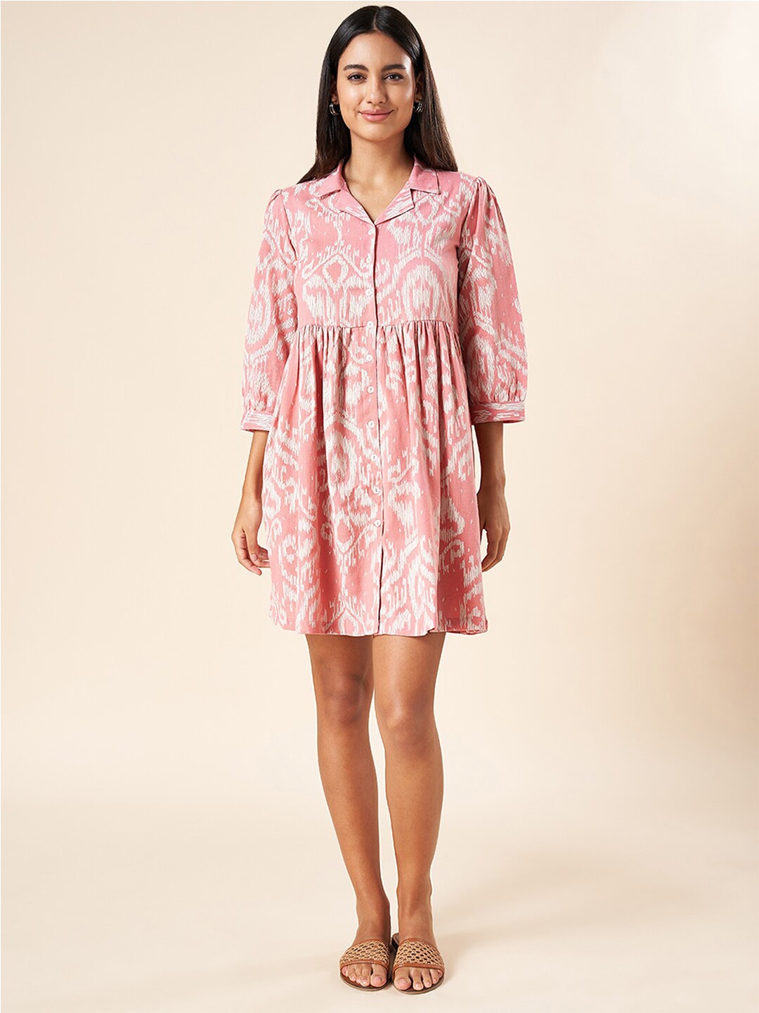 

AKKRITI BY PANTALOONS Ethnic Motifs Printed Shirt Collar Gathered Shirt Dress, Coral
