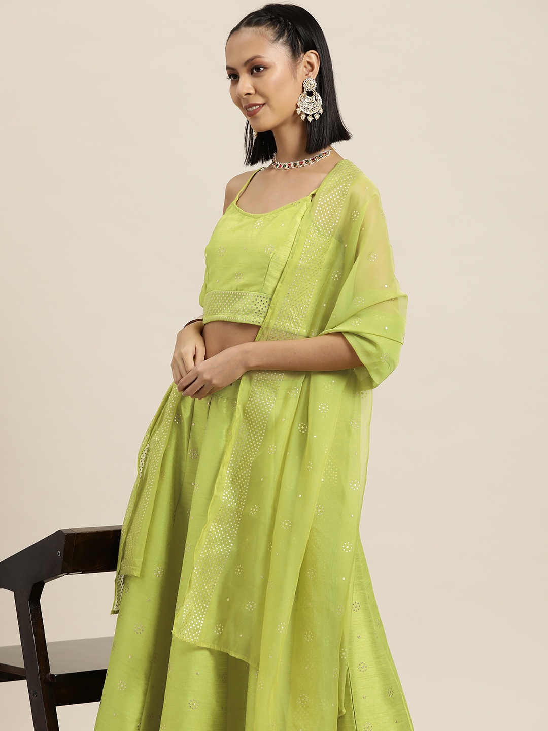

HERE&NOW Embellished Ready to Wear Lehenga & Blouse With Dupatta, Lime green