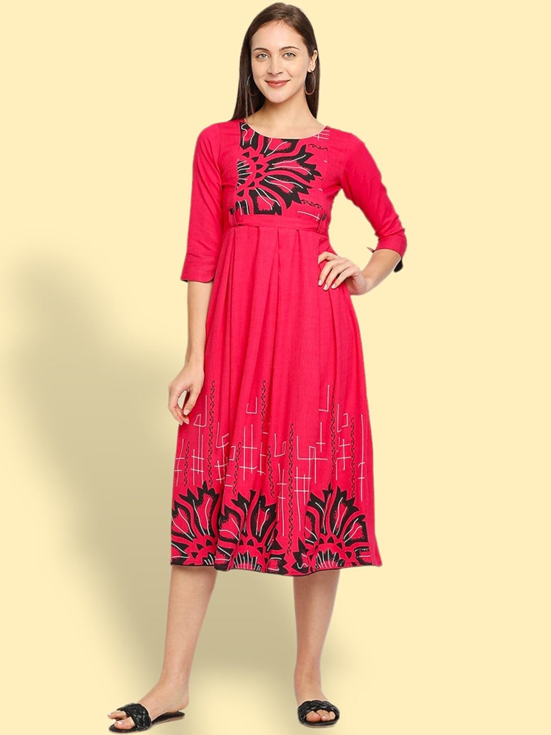 

True Shape Floral Printed Fit and Flare Pleated Maternity Dresses, Pink