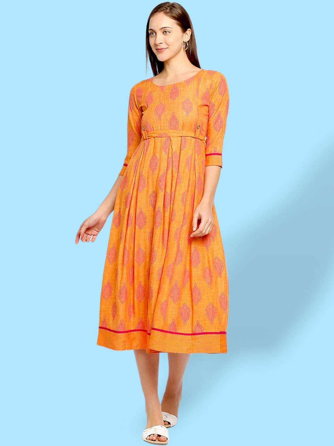 

True Shape Ethnic Motifs Printed Fit and Flare Pleated Maternity Dresses, Peach