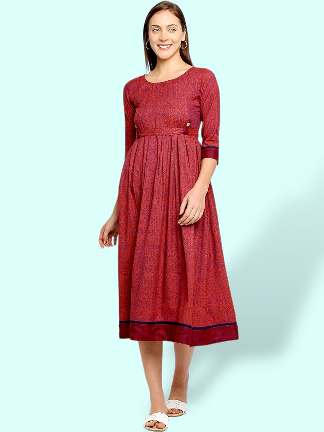 

True Shape Ethnic Motifs Printed Fit and Flare Pleated Maternity Dresses, Maroon