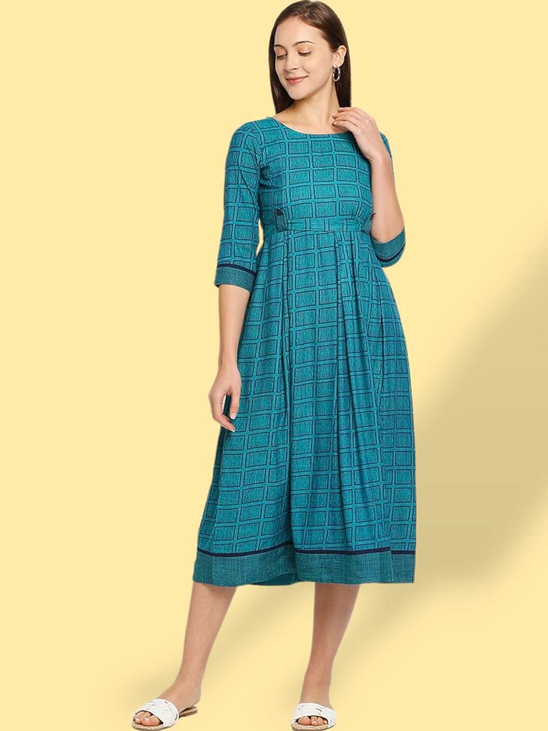 

True Shape Geometric Printed Fit and Flare Pleated Maternity Dresses, Teal