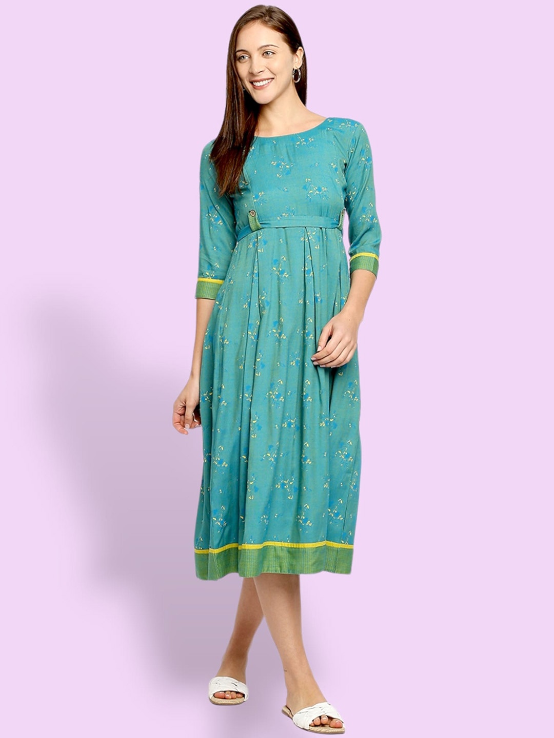

True Shape Floral Printed Fit and Flare Pleated Maternity Dresses, Turquoise blue