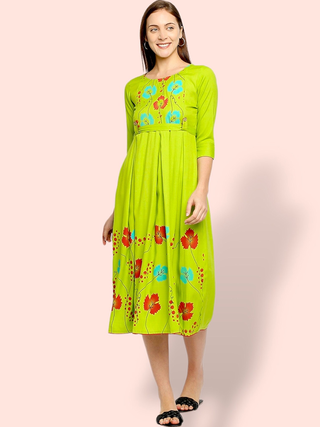 

True Shape Floral Printed Fit and Flare Pleated Maternity Dresses, Green