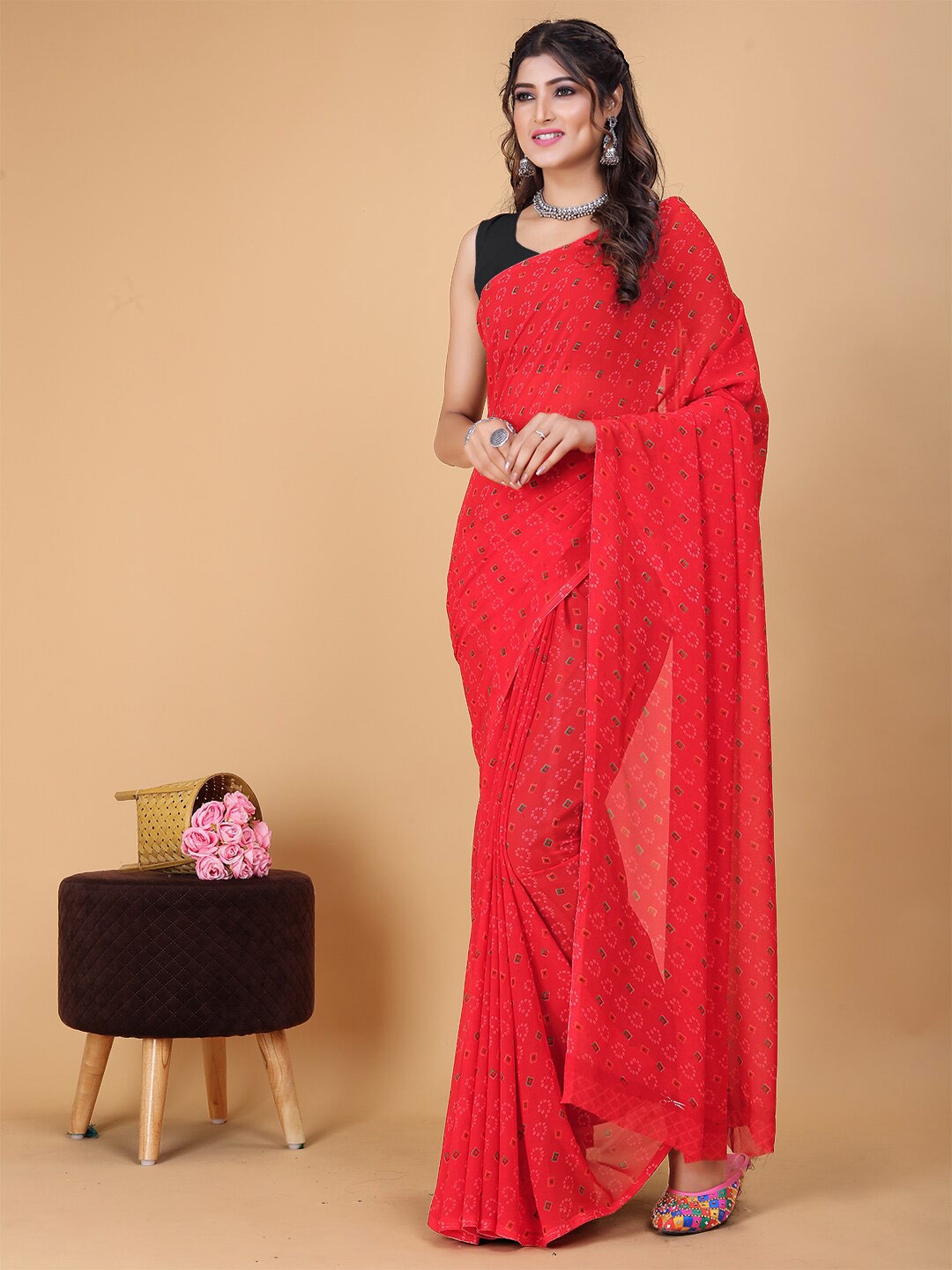 

KALINI Bandhani Printed Saree, Red