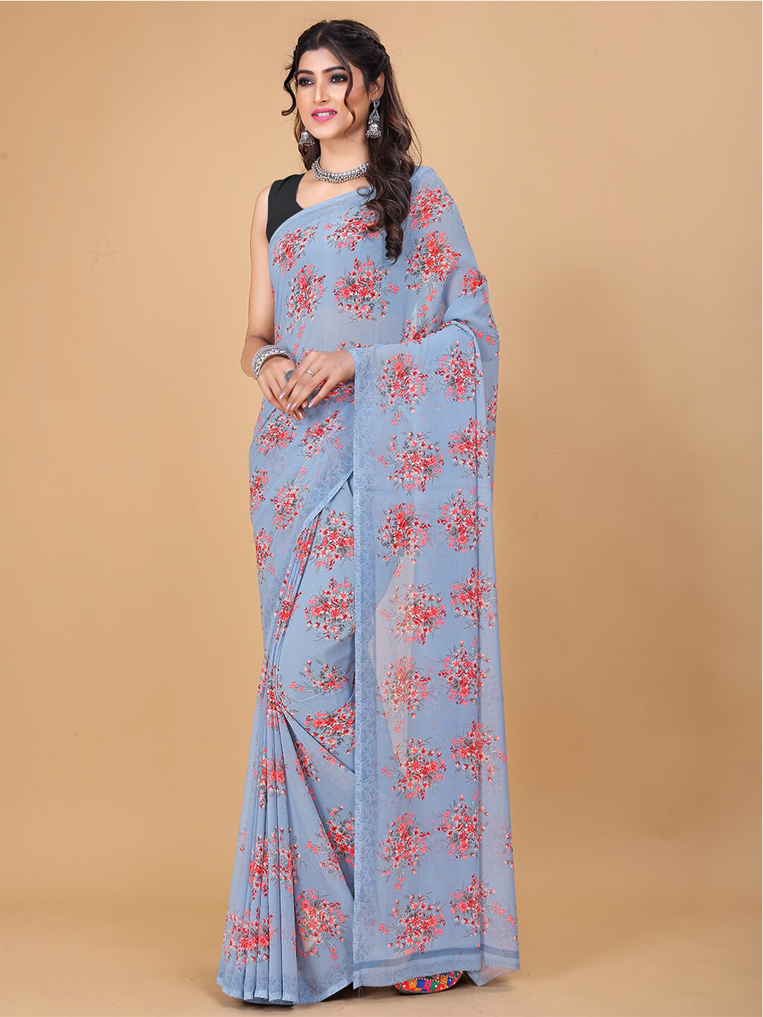 

KALINI Floral Printed Pure Georgette Saree, Blue
