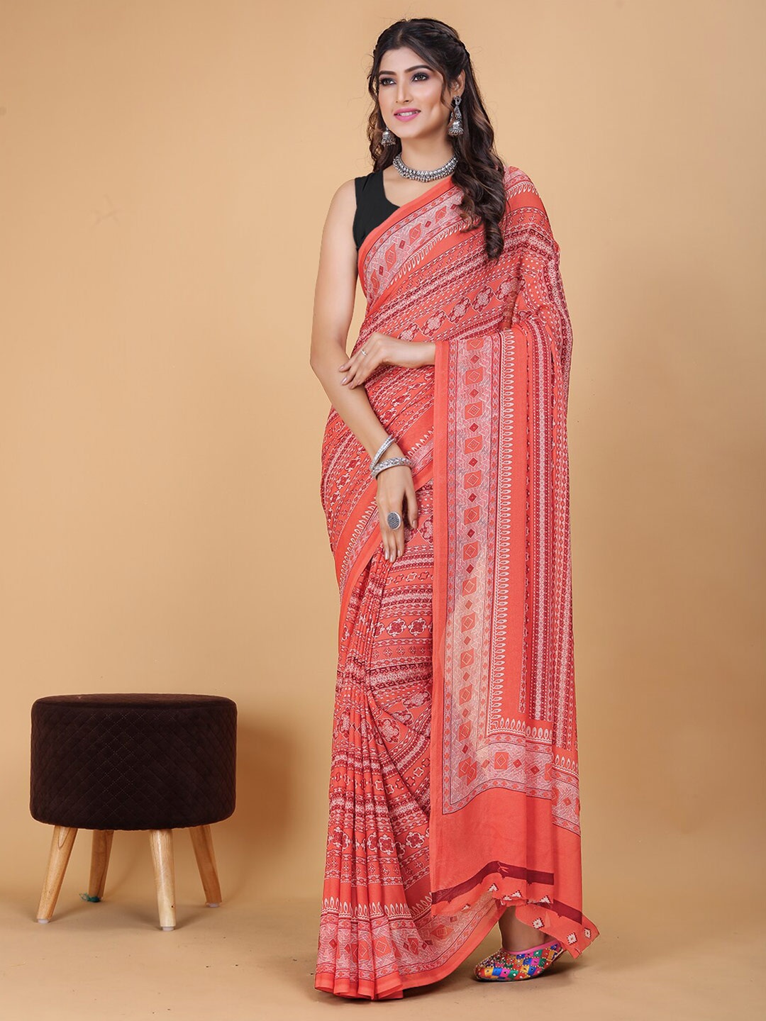 

KALINI Ethnic Motifs Printed Pure Georgette Saree, Peach