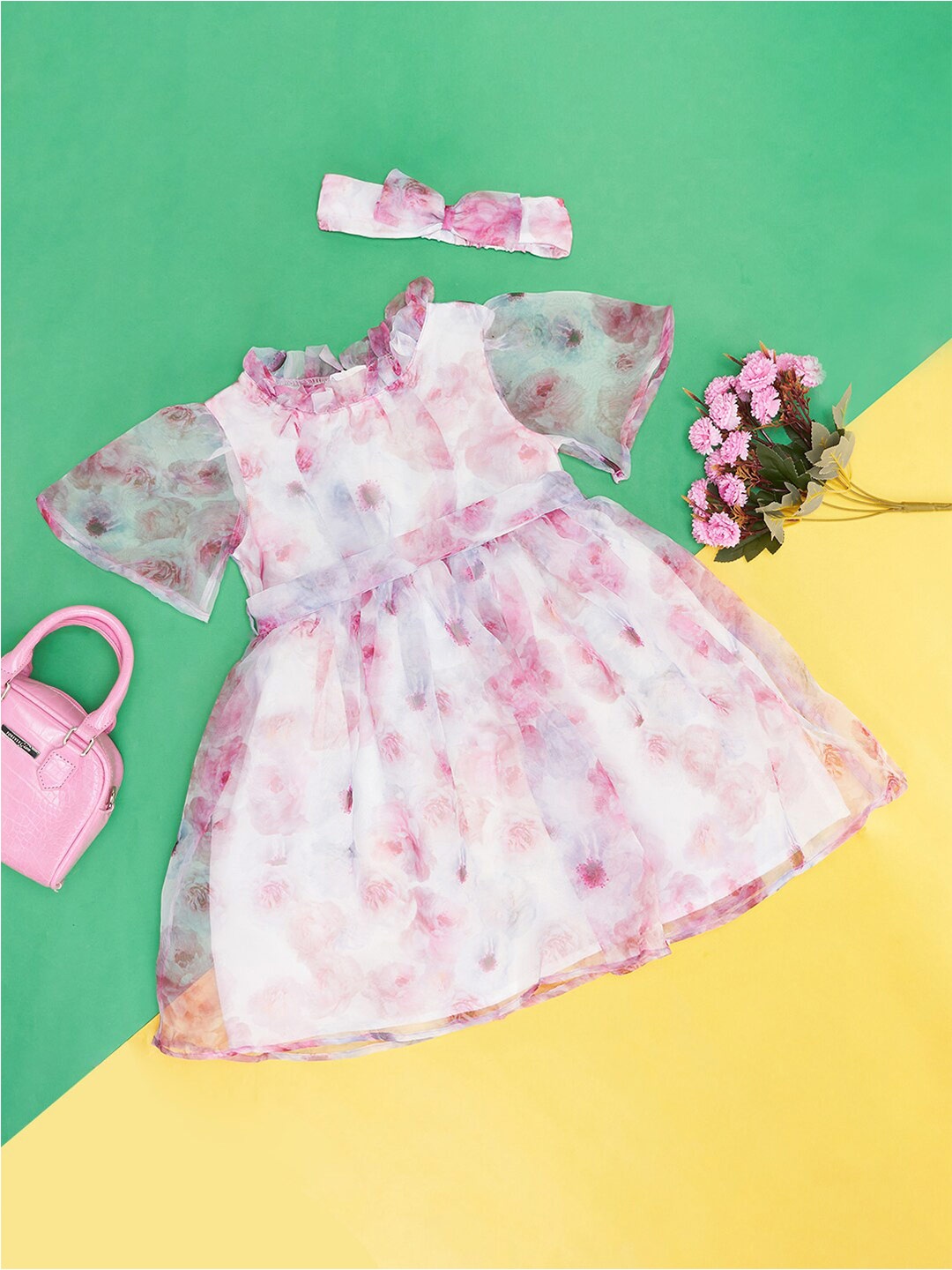 

Pantaloons Junior Girls Floral Printed Bell Sleeves Cotton Fit & Flare Dress, Pink
