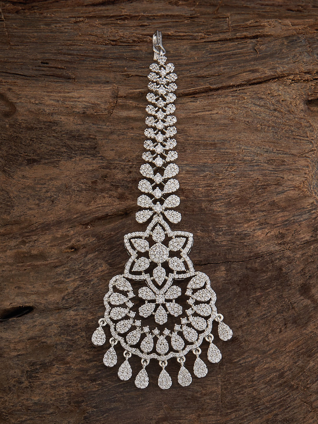 

Kushal's Fashion Jewellery Rhodium-Plated Zircon-Studded Maangtika, Silver
