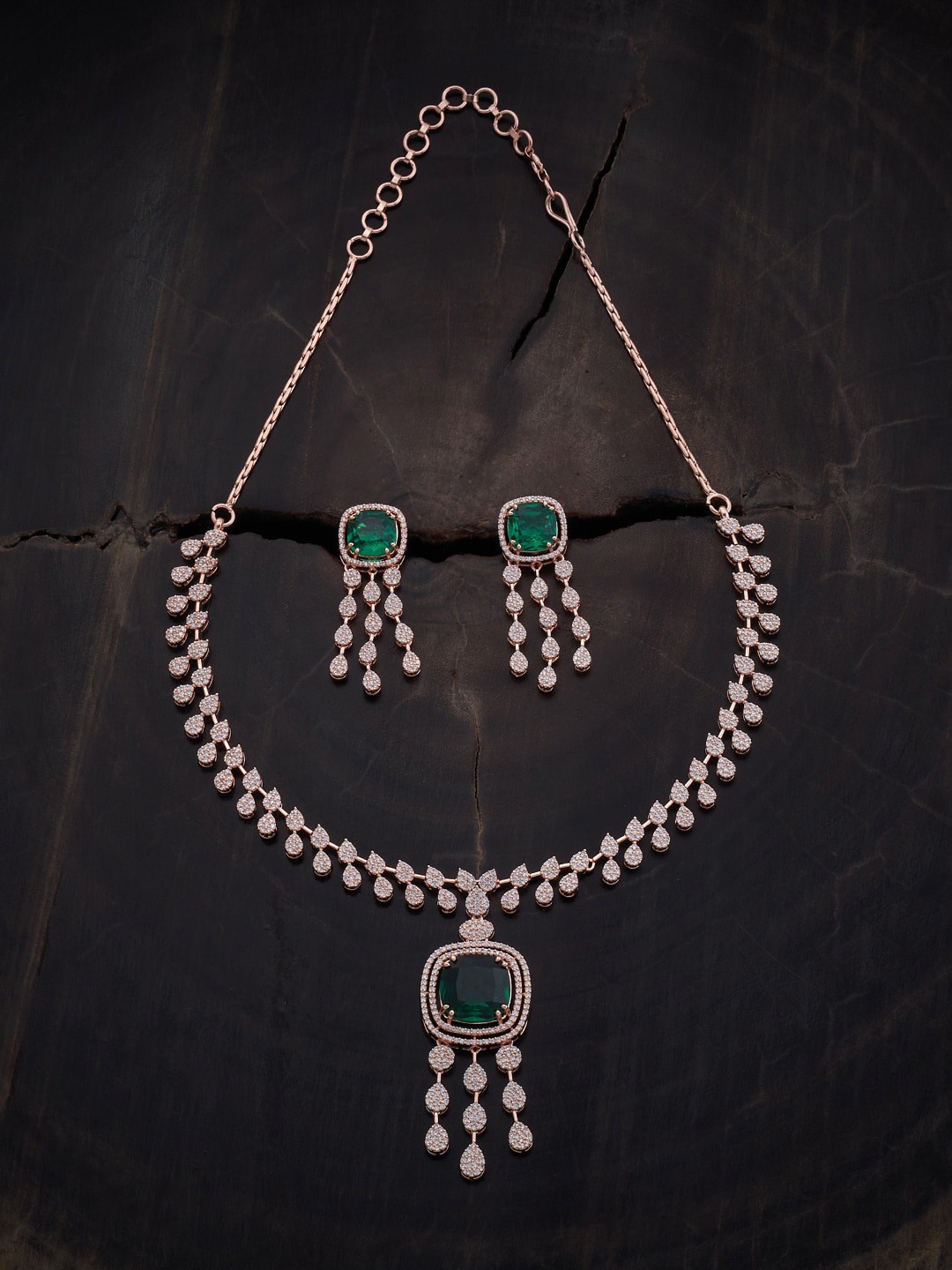 

Kushal's Fashion Jewellery Rose Gold CZ Studded Jewellery Set, Green