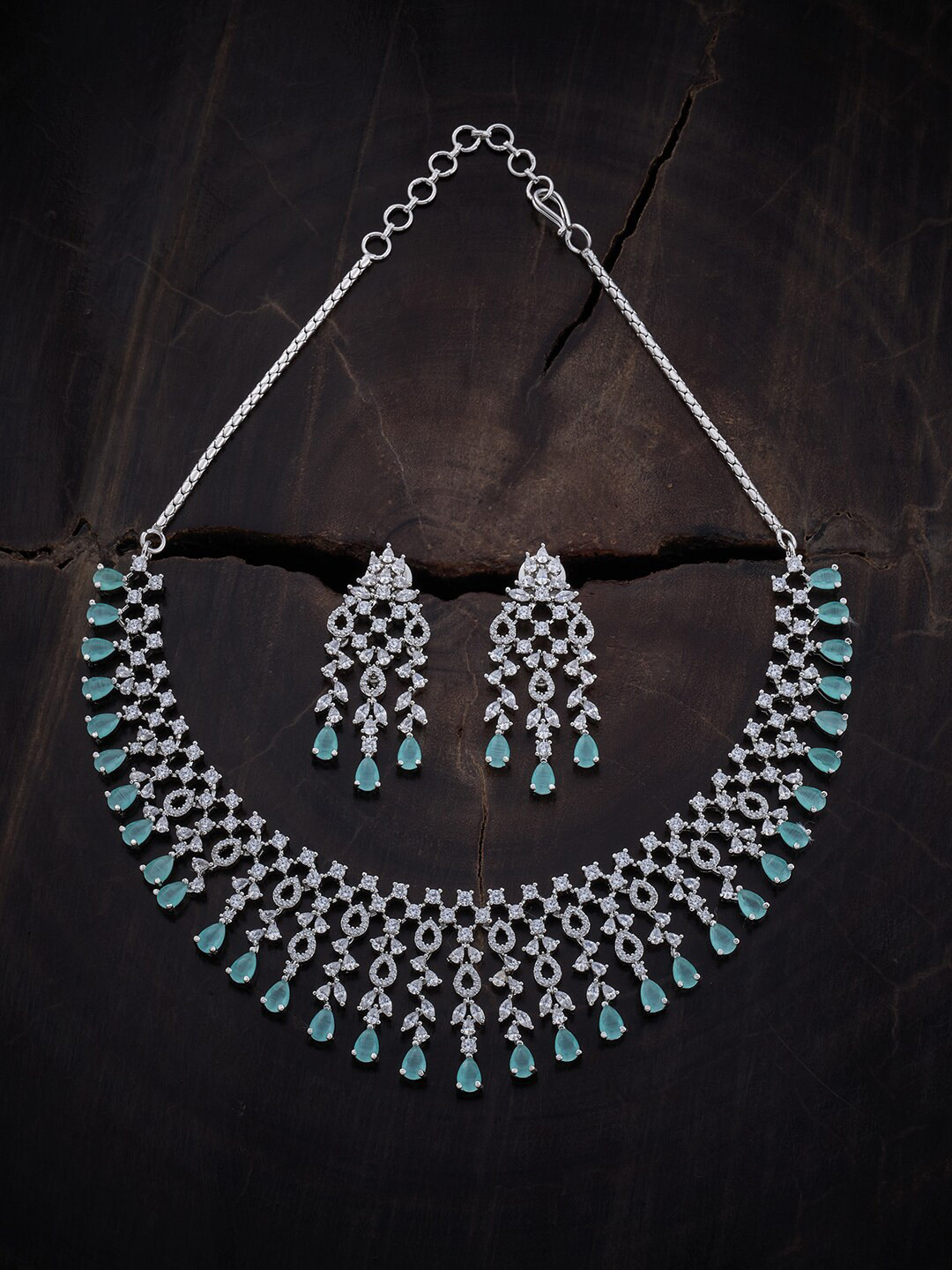 

Kushal's Fashion Jewellery Rhodium-Plated CZ Studded Jewellery Set, Silver