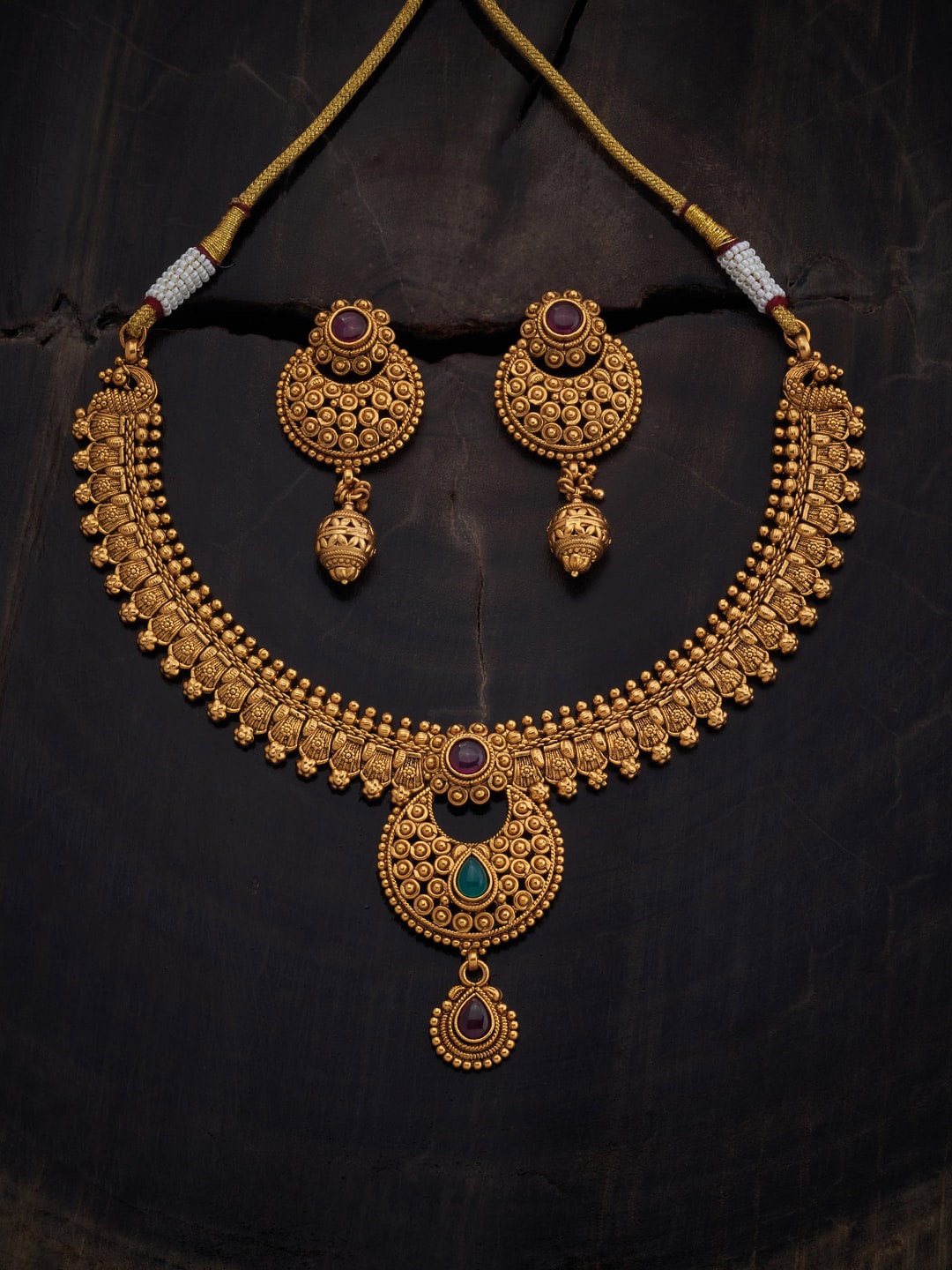 

Kushal's Fashion Jewellery Gold-Plated Stone Studded Antique Jewellery Set