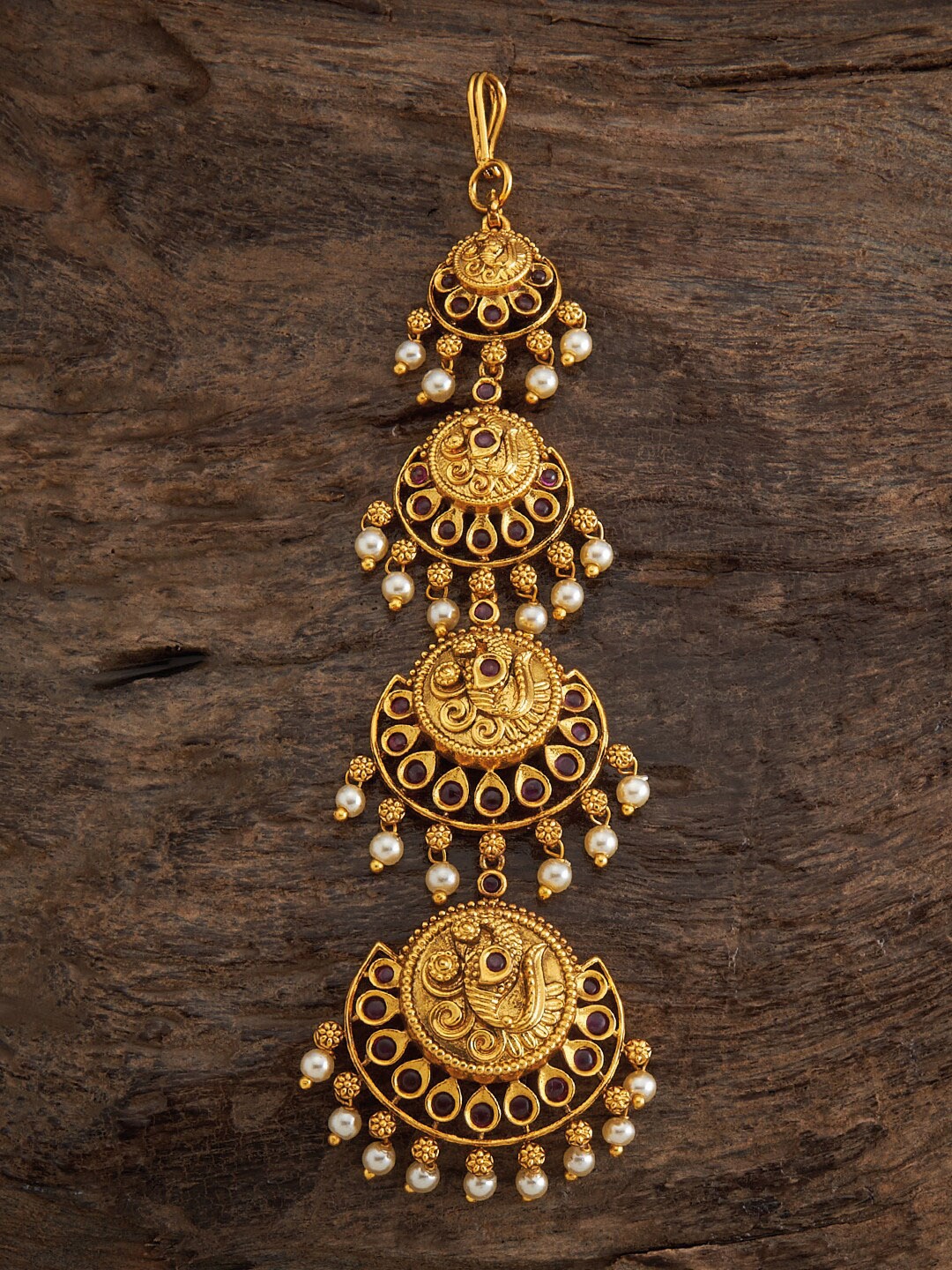 

Kushal's Fashion Jewellery Gold-Plated Ruby-Studded & Beaded Maang Tikka