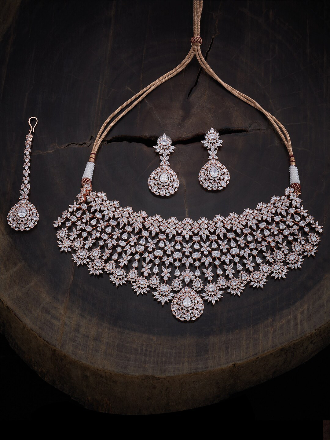

Kushal's Fashion Jewellery Rose Gold-Plated Zircon-Studded Jewellery Set With Maang Tikka
