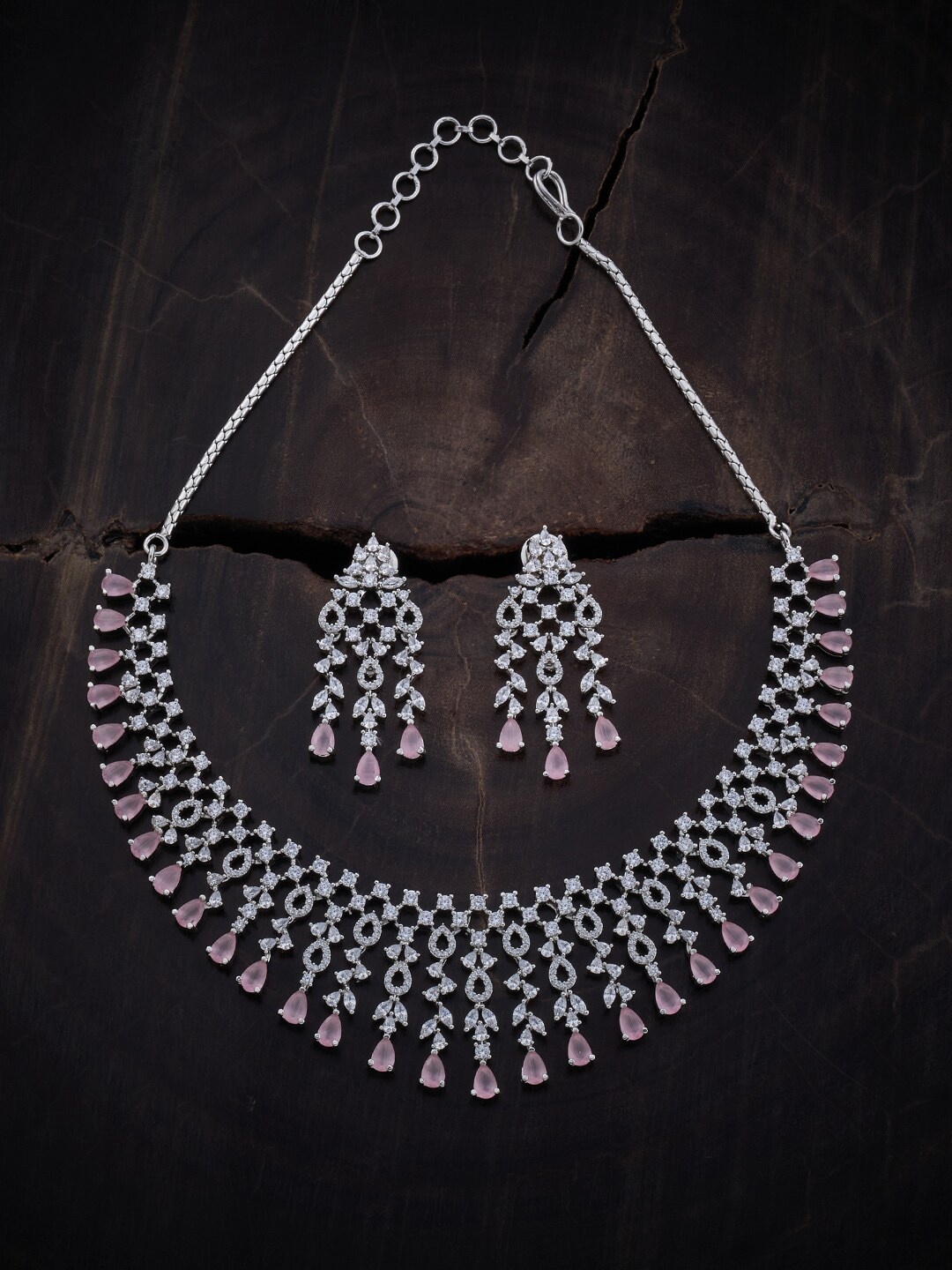 

Kushal's Fashion Jewellery Rhodium Plated CZ Studded Jewellery Set, Silver