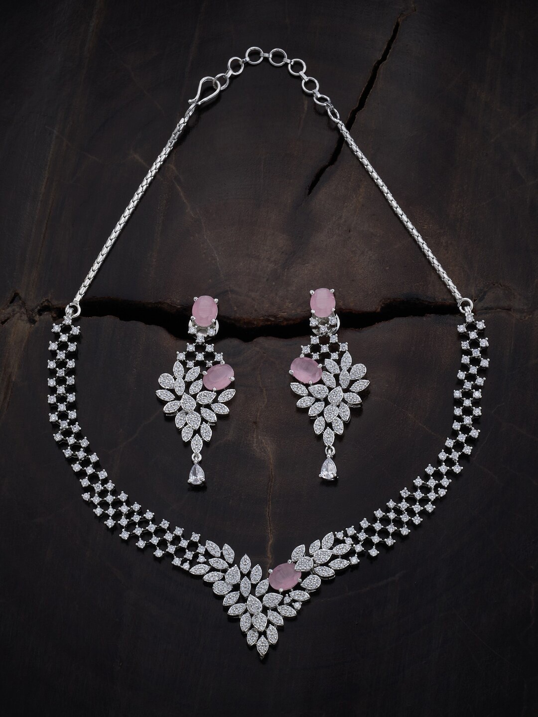 

Kushal's Fashion Jewellery Rhodium Plated CZ Studded Jewellery Set, Silver