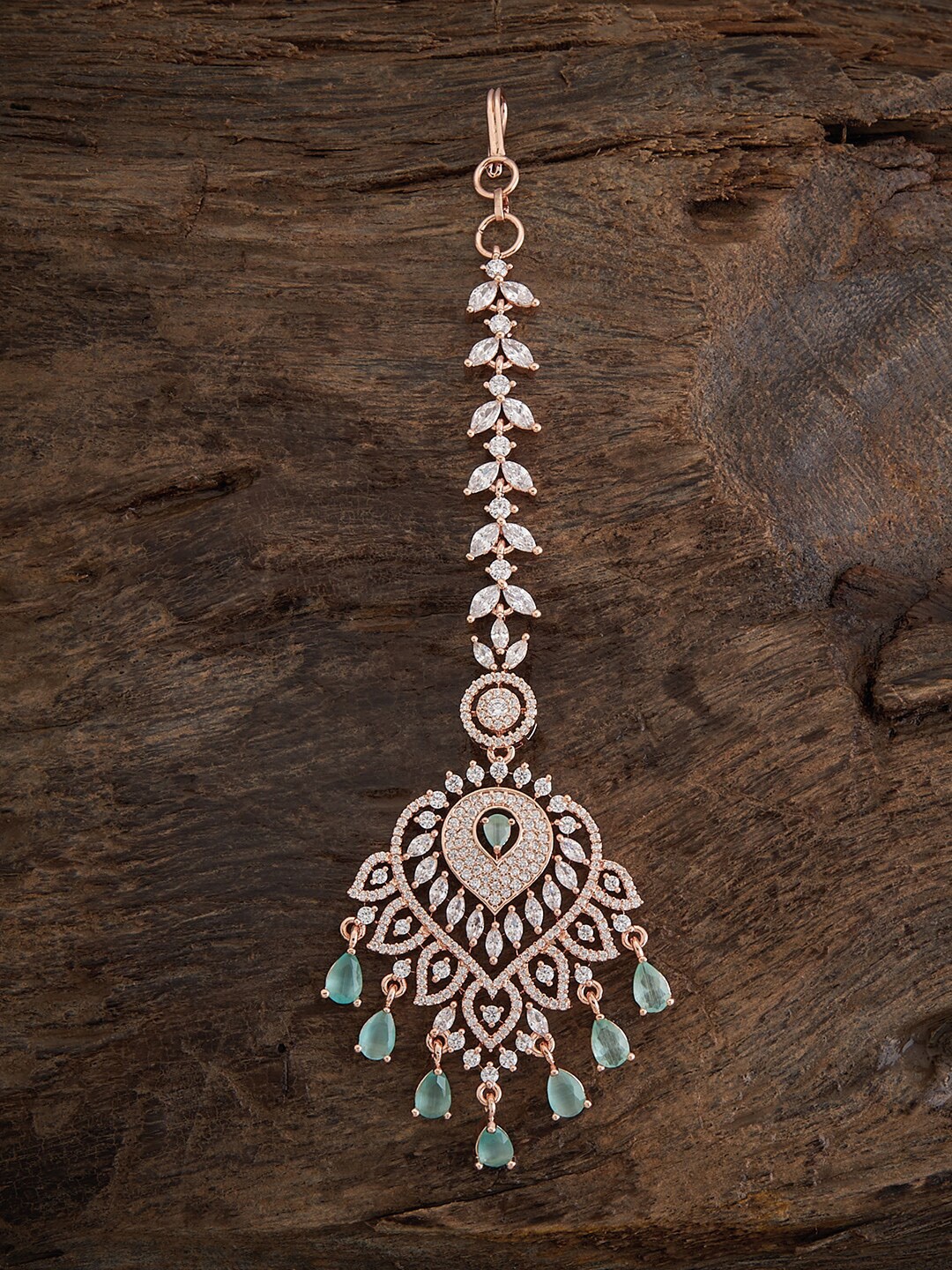 

Kushal's Fashion Jewellery Rose Gold-Plated Stone-Studded Maang Tikka, Sea green