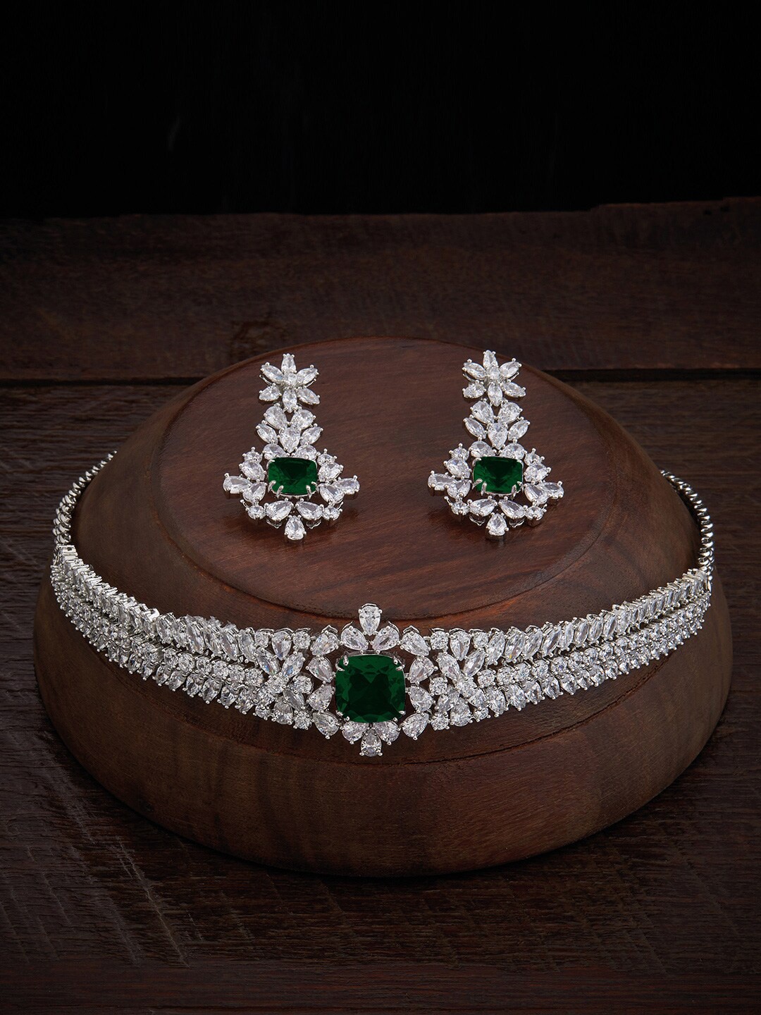 

Kushal's Fashion Jewellery Rhodium Plated CZ Studded Jewellery Set, Silver