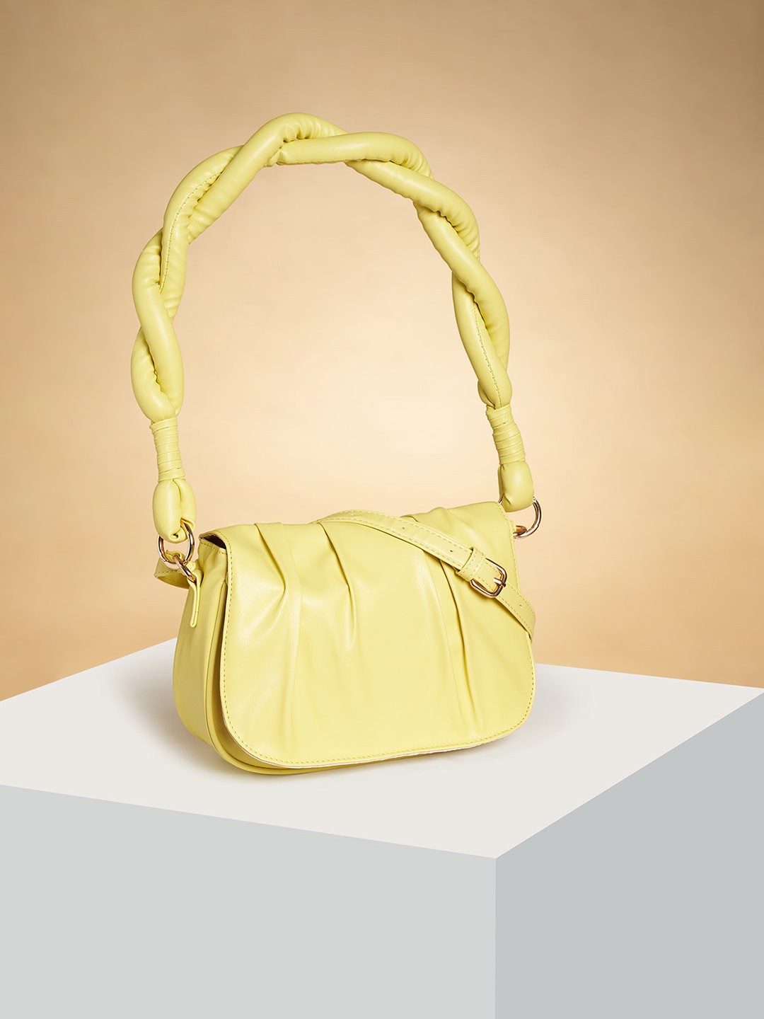

Forever Glam by Pantaloons Textured PU Structured Small Handheld Bag, Yellow