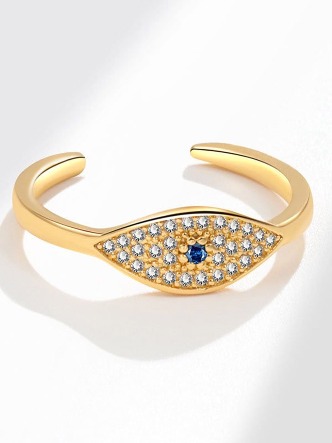 

MYKI Stainless Steel Gold-Plated CZ-Studded Evil Eye Charm Finger Ring