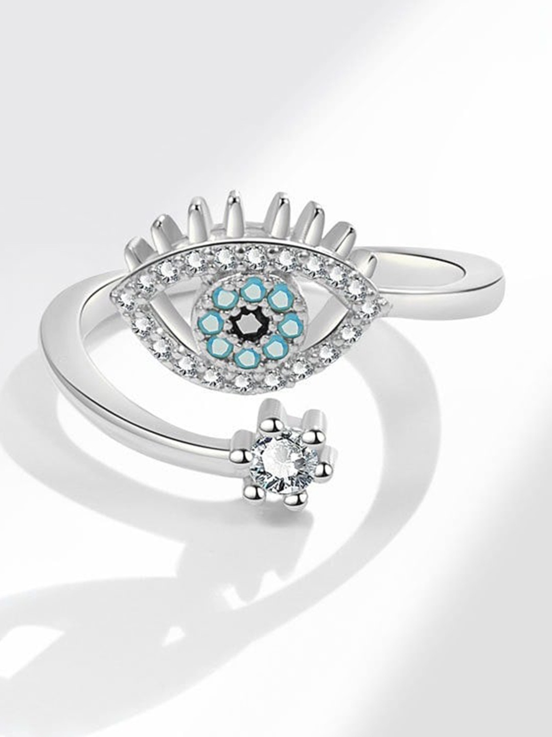 

MYKI Stainless Steel Silver-Plated CZ-Studded Evil Eye Finger Ring