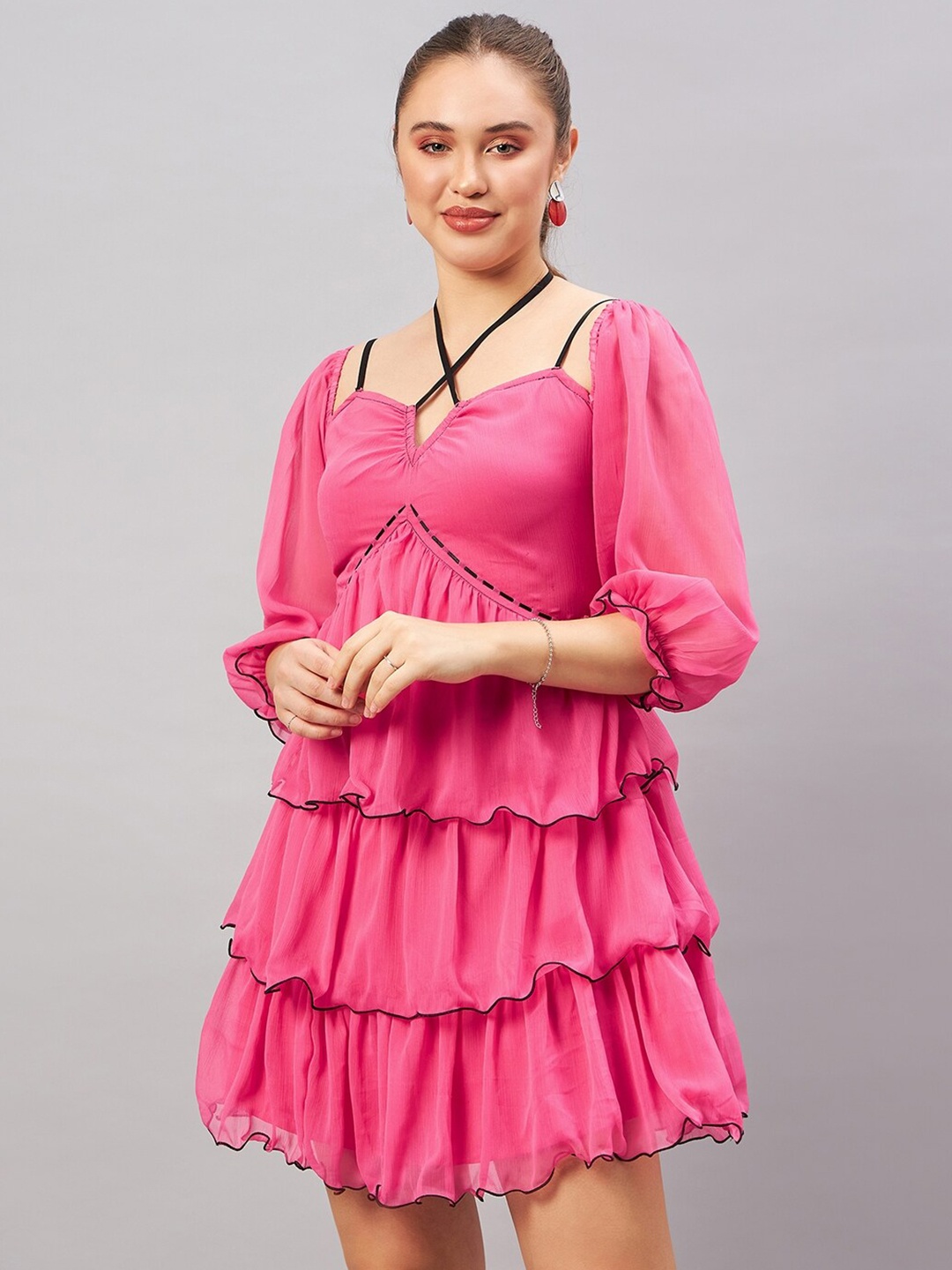 

Antheaa Pink Tie-Up Neck Puff Sleeves Layered Empire Dress