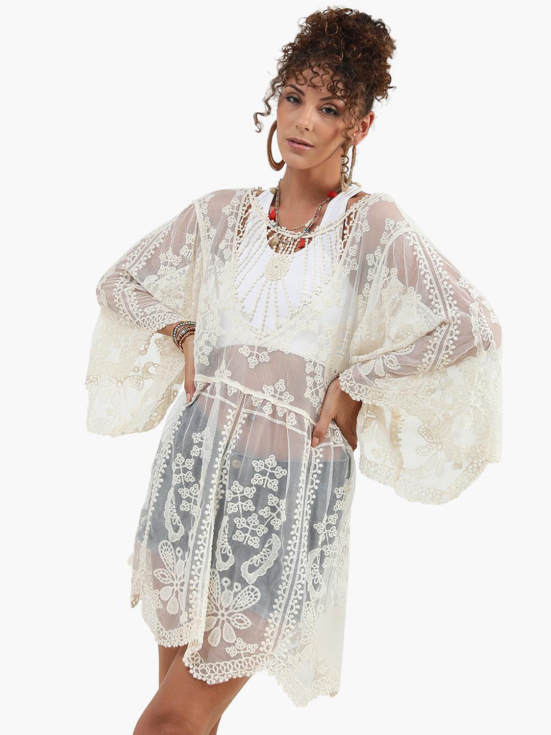 

Virgio Self Design Embroidered Round Neck Tunics, Beige