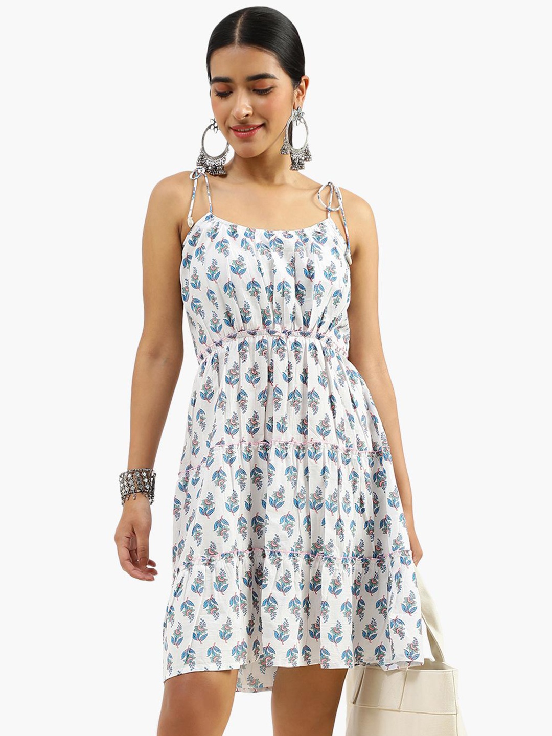 

Virgio Floral Printed Shoulder Straps Sleeveless Gathered Fit & Flare Dress, White