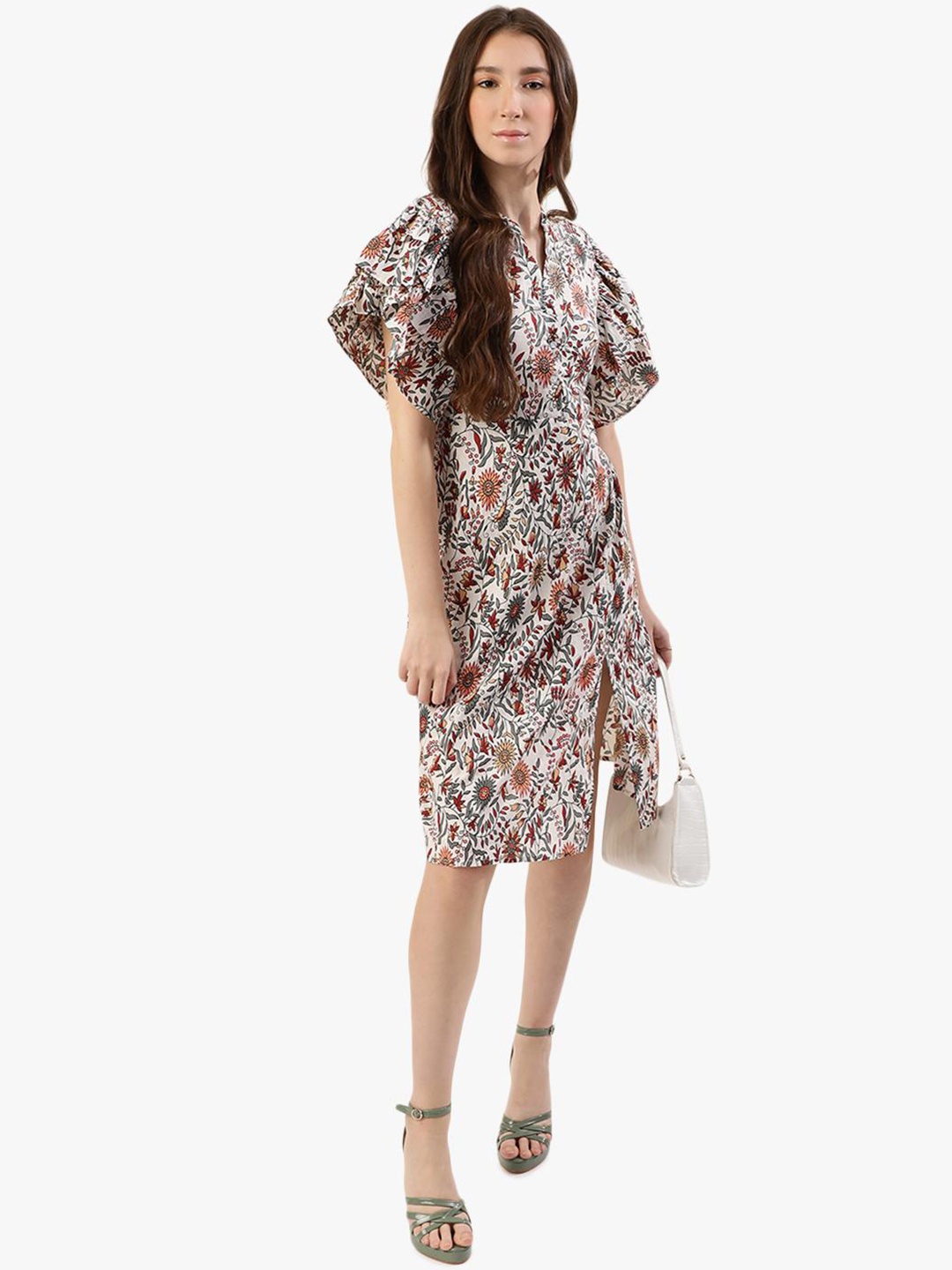 

Virgio Floral Printed Flutter Sleeves Fit & Flare Dress, Cream