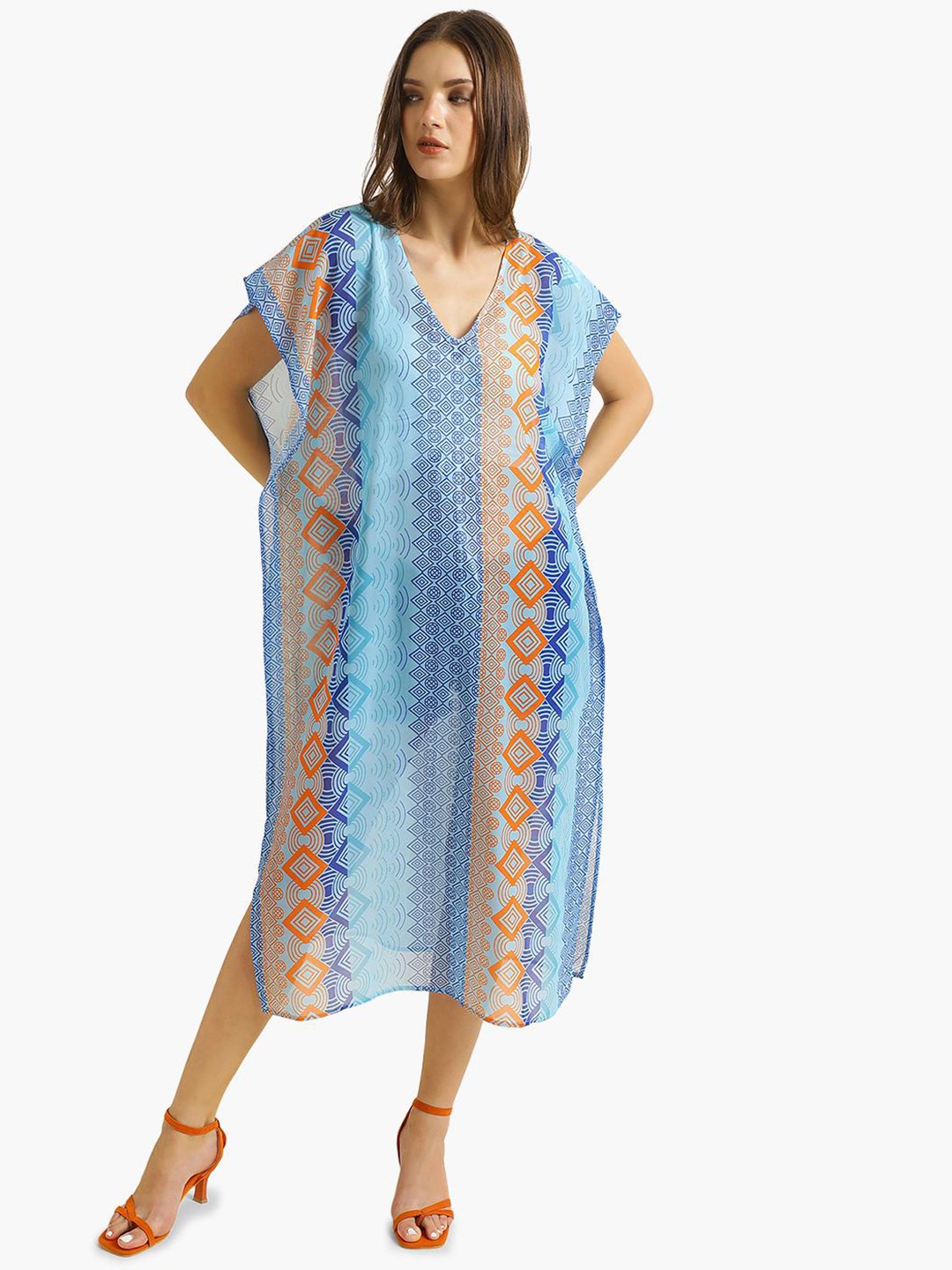 

Virgio Geometric Printed Kimono Sleeve Kaftan Dress, Blue
