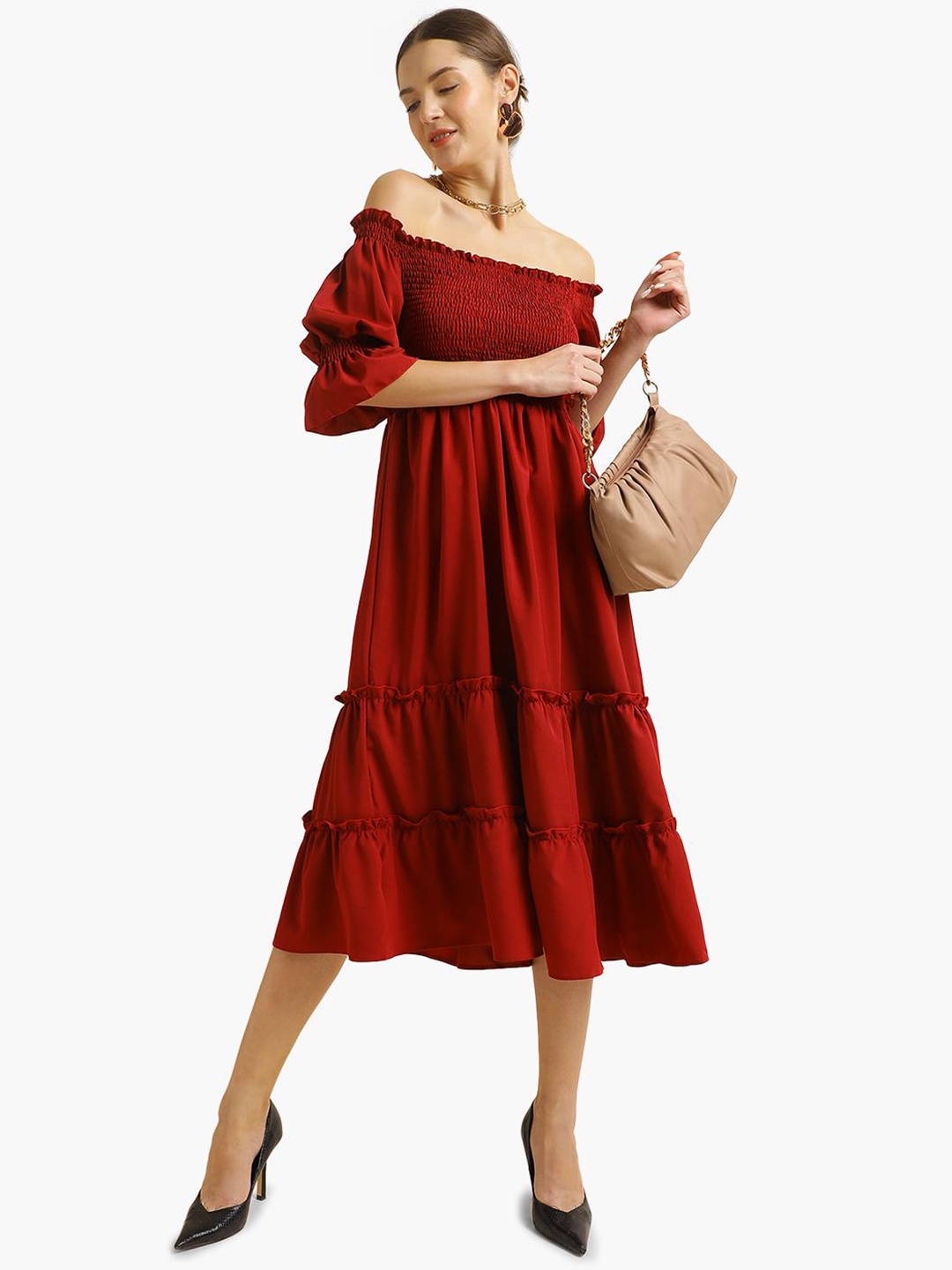 

Virgio Smocked Tiered Off-Shoulder Fit And Flare Dress, Red