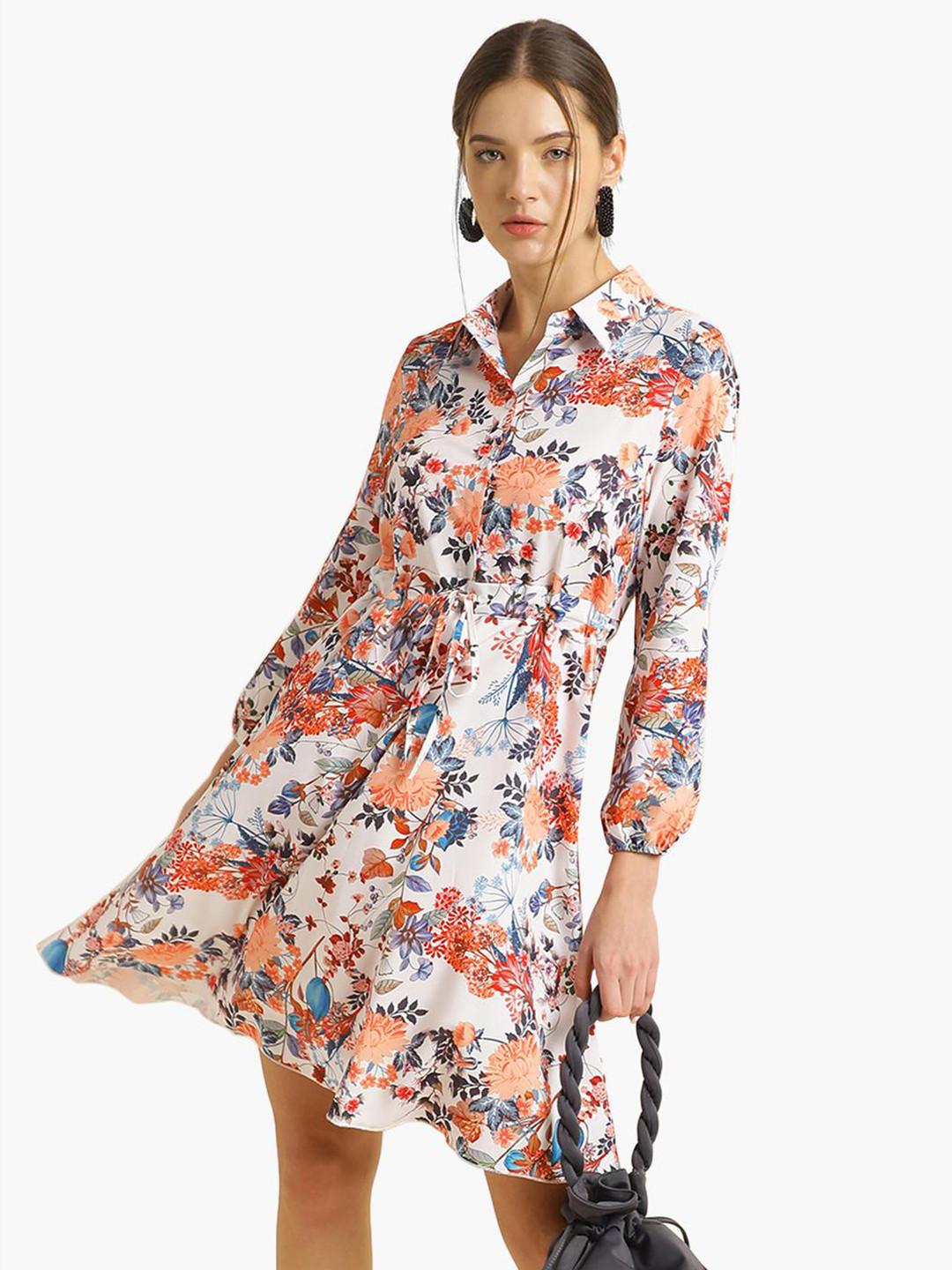 

Virgio Floral Printed Shirt Collar Tie Up A-Line Dress, White