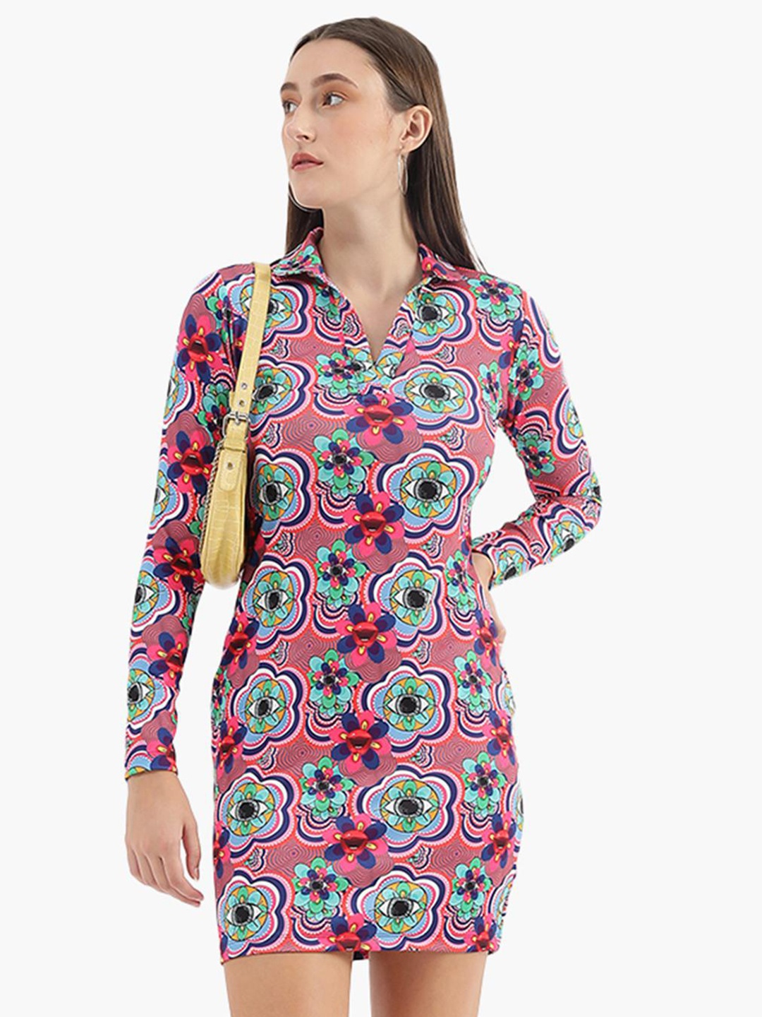 

Virgio Abstract Printed Shirt Collar Sheath Mini Dress, Pink