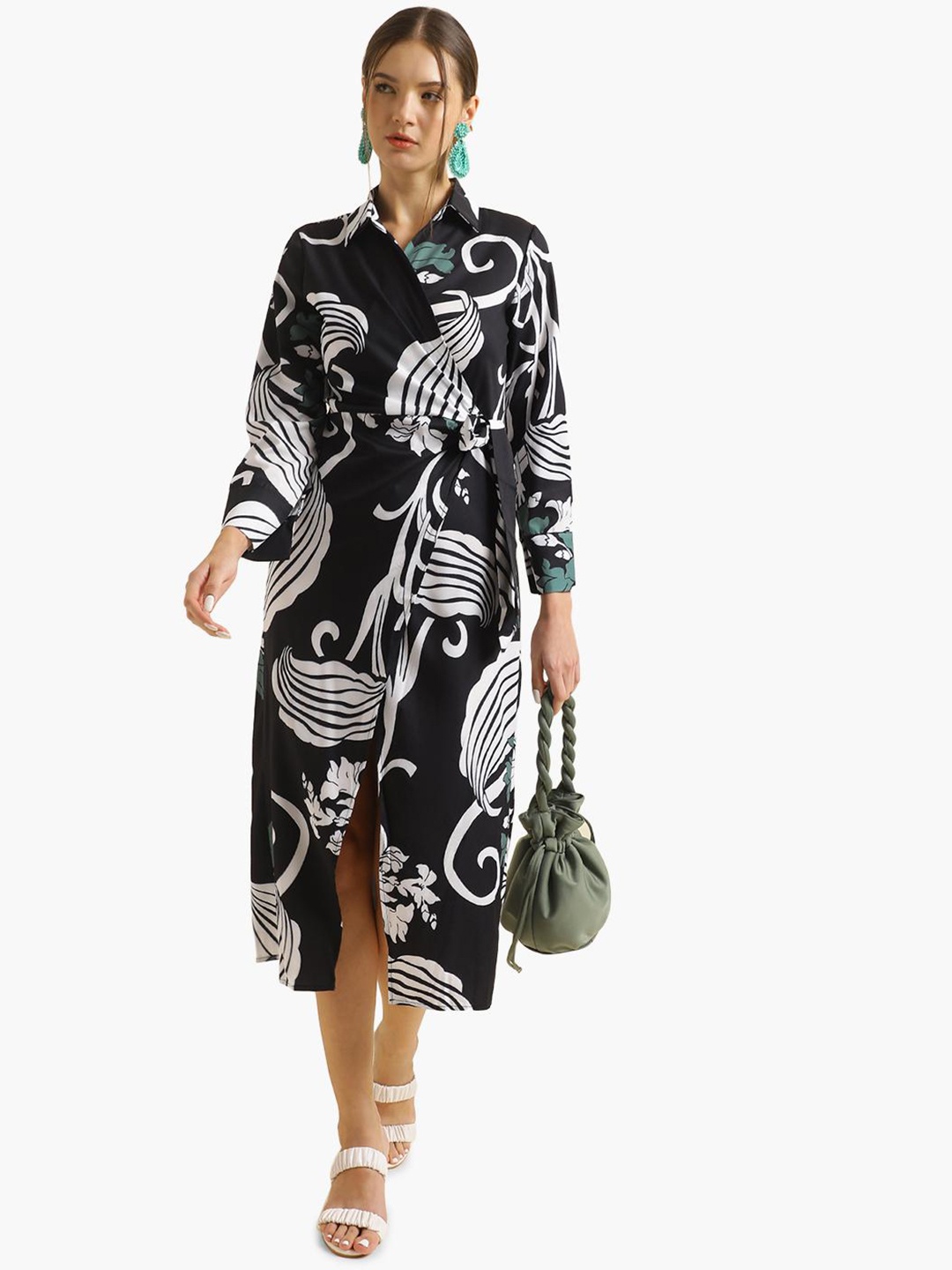 

Virgio Floral Printed Shirt Collar Tie-Up Wrap Dress, Green