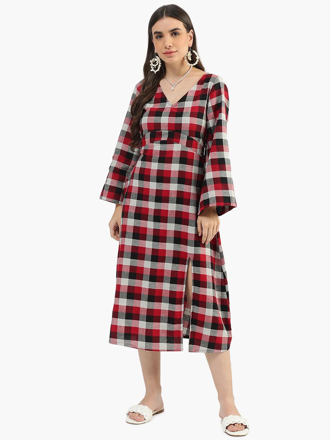 

Virgio Checked Flared Sleeves Cotton A-Line Midi Dress, Maroon