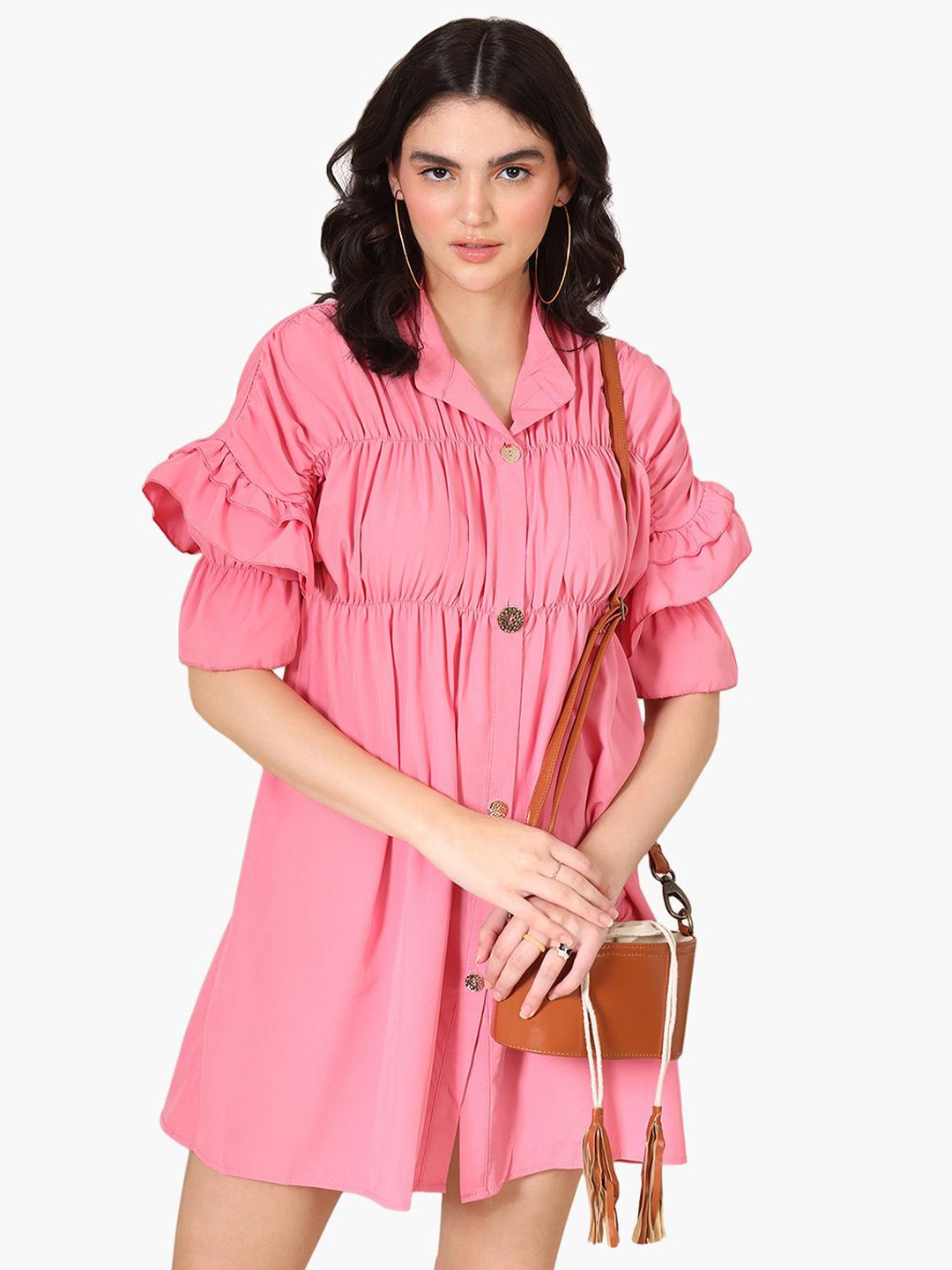 

Virgio Mandarin Collar Extended Sleeves Gathered Shirt Dress, Pink