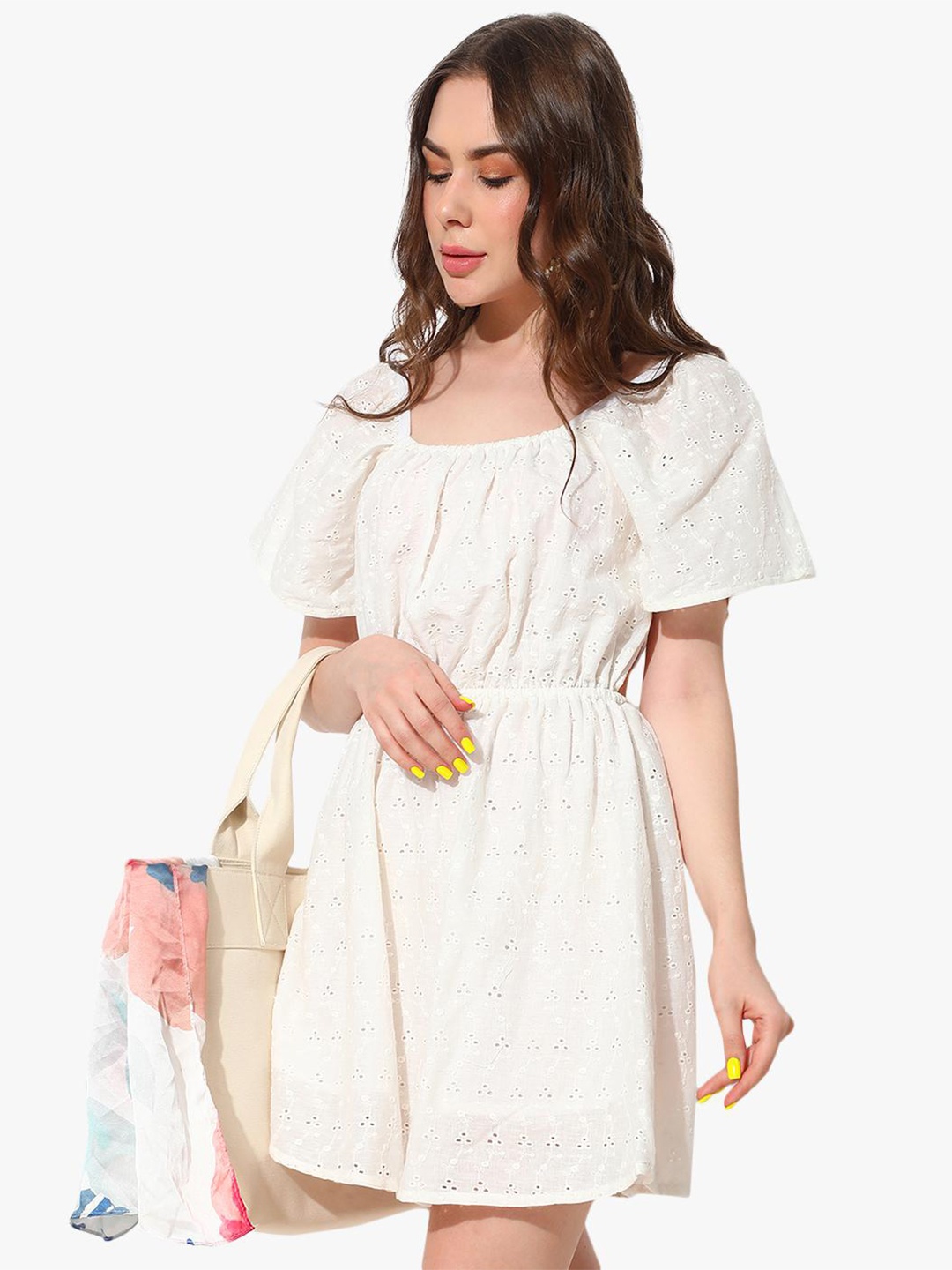 

Virgio Self Design Square Neck Flared Sleeves Gathered Schiffli Cotton Fit & Flare Dress, White