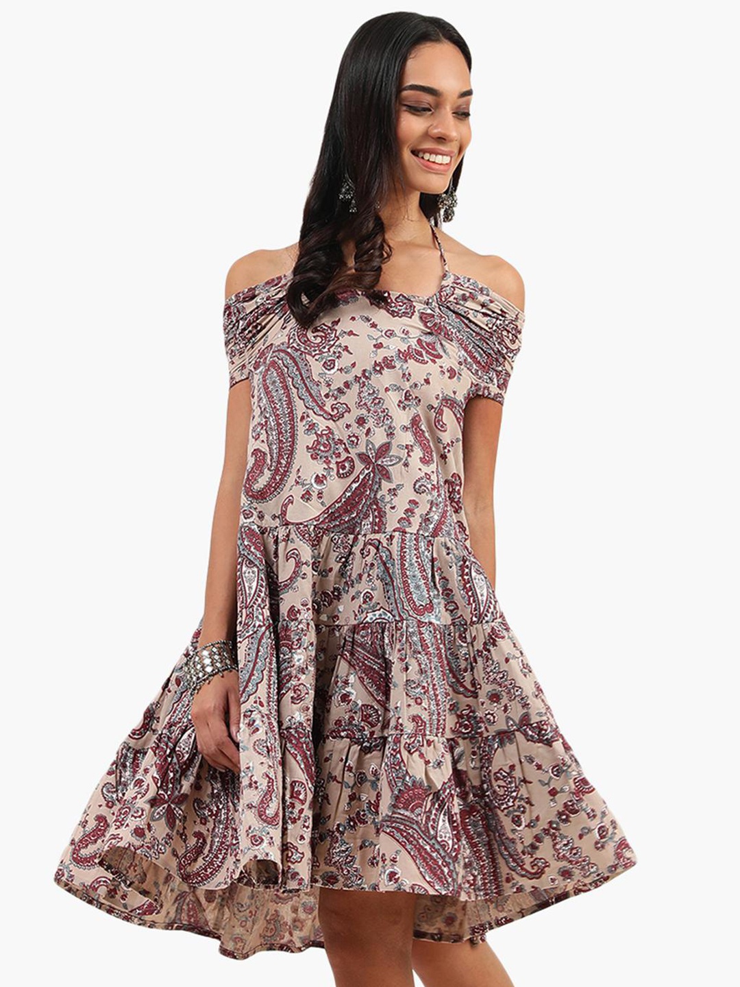 

Virgio Floral Print Halter Neck Extended Sleeve Gathered Tiered A-Line Dress, Beige