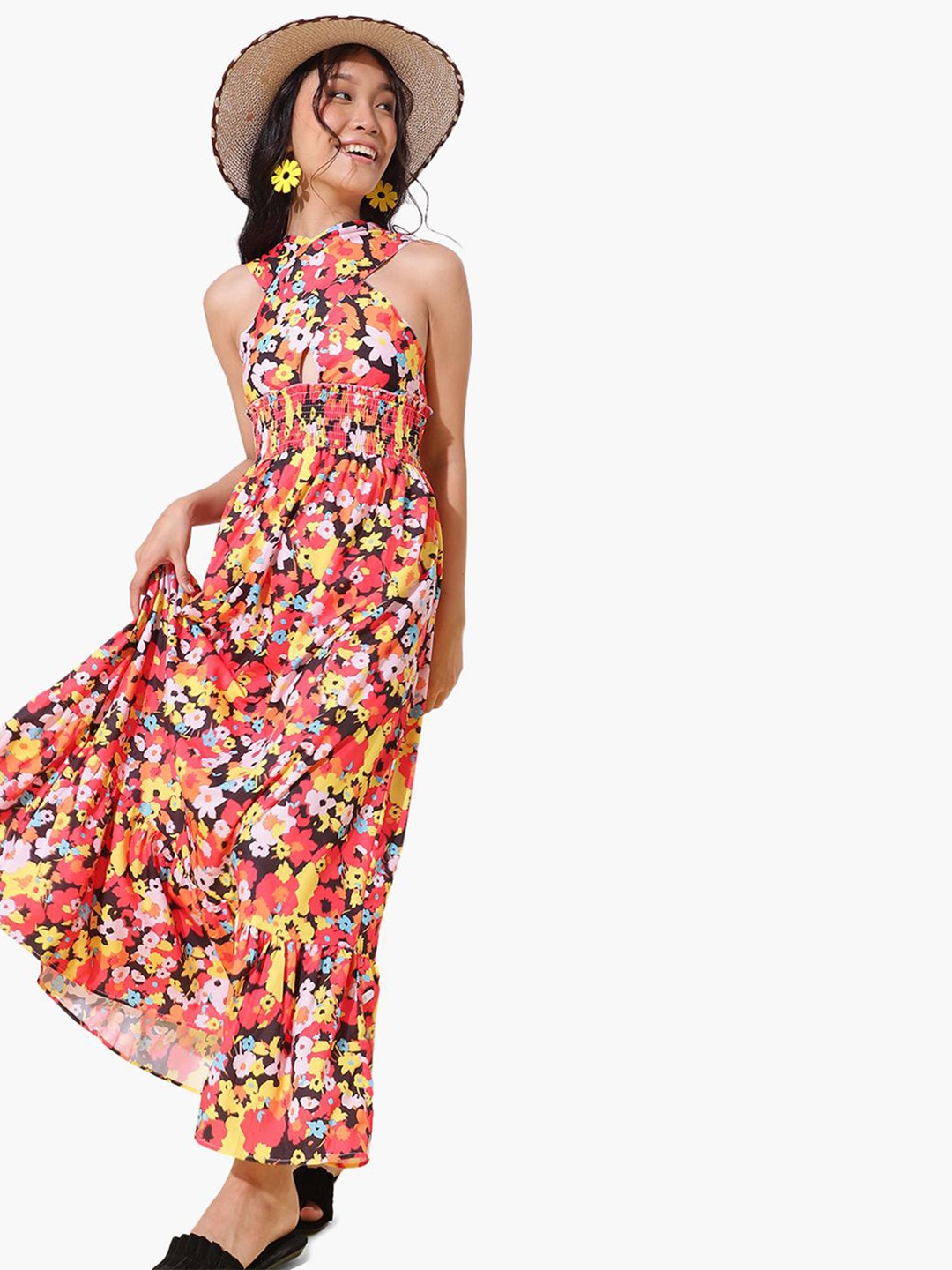 

Virgio Floral Printed Smocked Halter Neck Maxi Fit & Flare Dress, Red