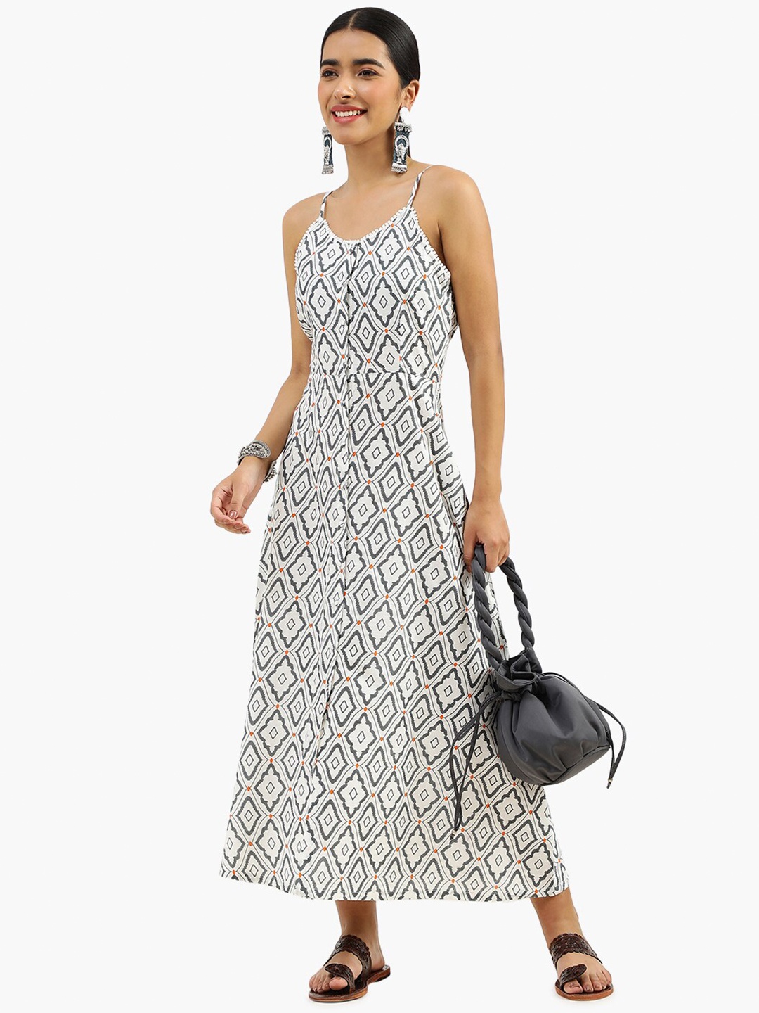 

Virgio Geometric Printed Cut-Out Shoulder Strap Cotton Midi A-Line Dress, Black
