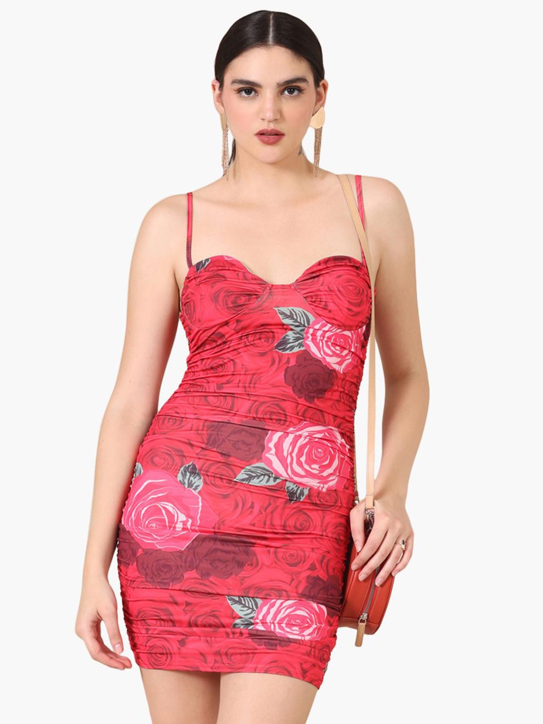 

Virgio Floral Printed Sweetheart Neck Shoulder Straps Ruched Bodycon Dress, Red