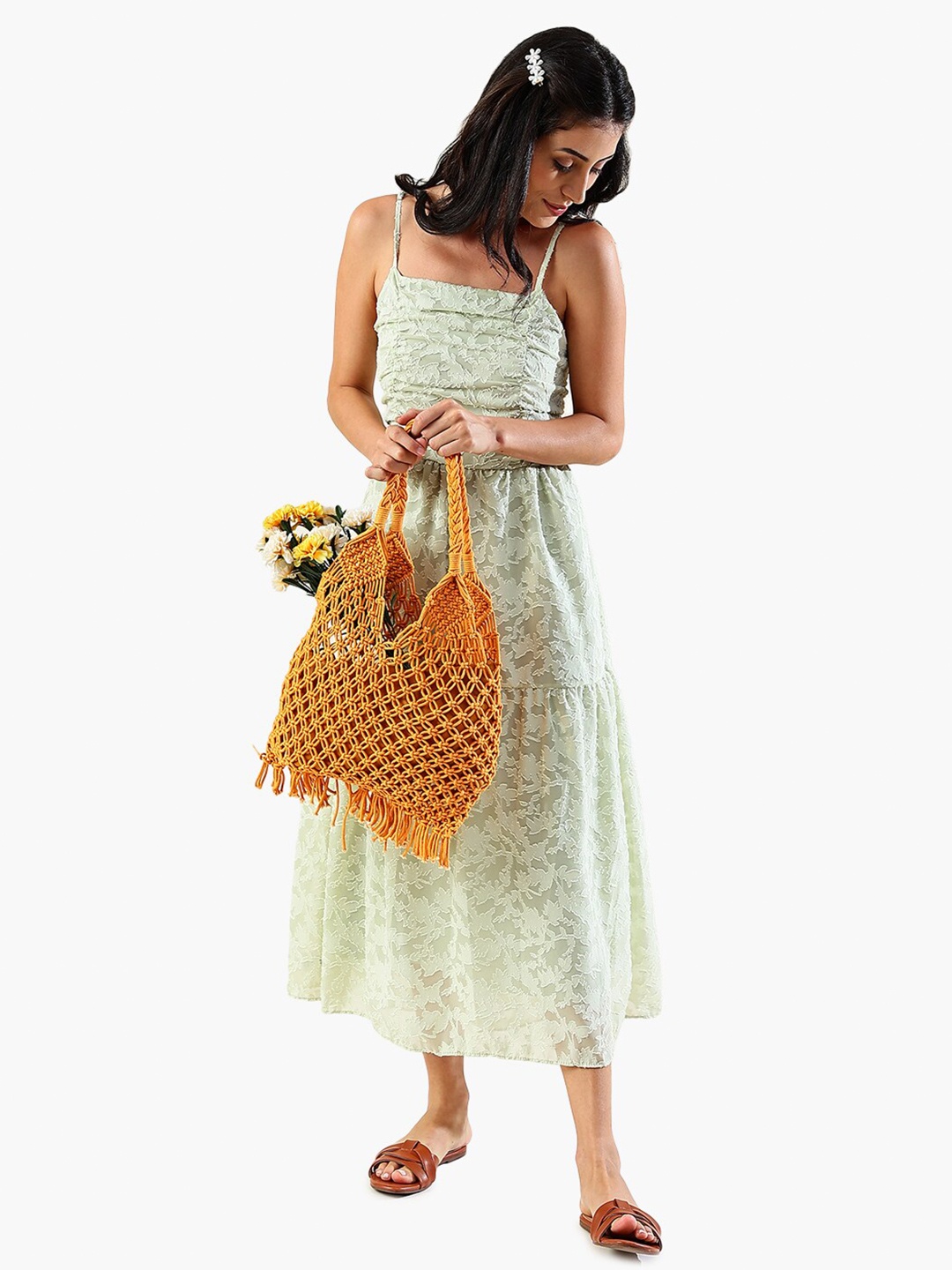 

Virgio Floral Self Design Cut-Out Shoulder Strap Tiered Dress, Green