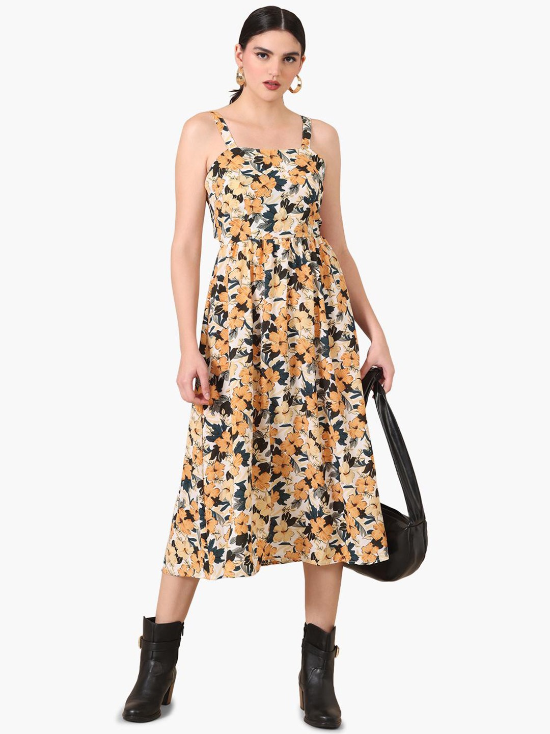 

Virgio Floral Printed Shoulder Strap Sleeveless Fit & Flare Midi Dress, Orange