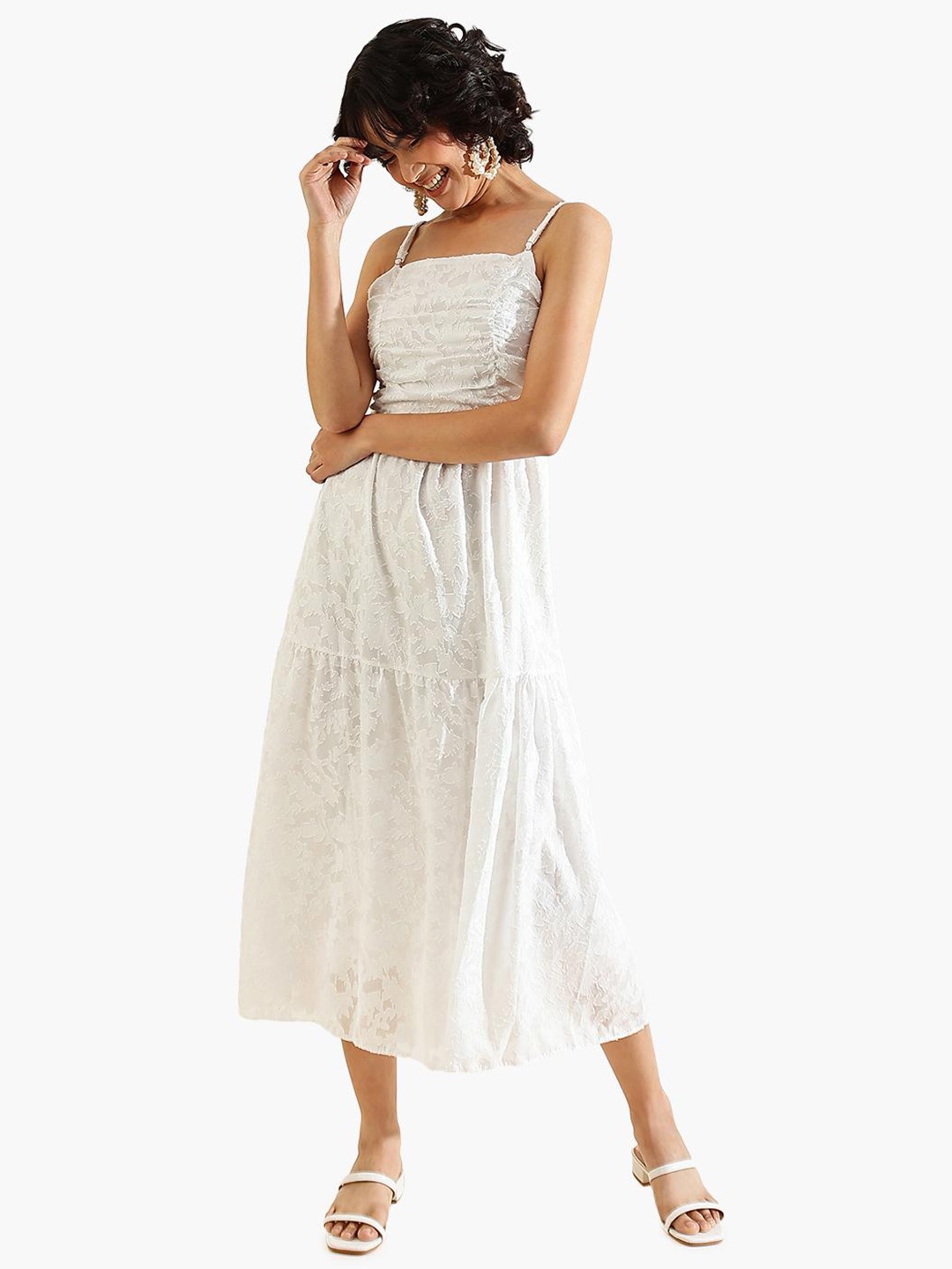 

Virgio Self Design Shoulder Strap Ruched A-Line Midi Dress, White