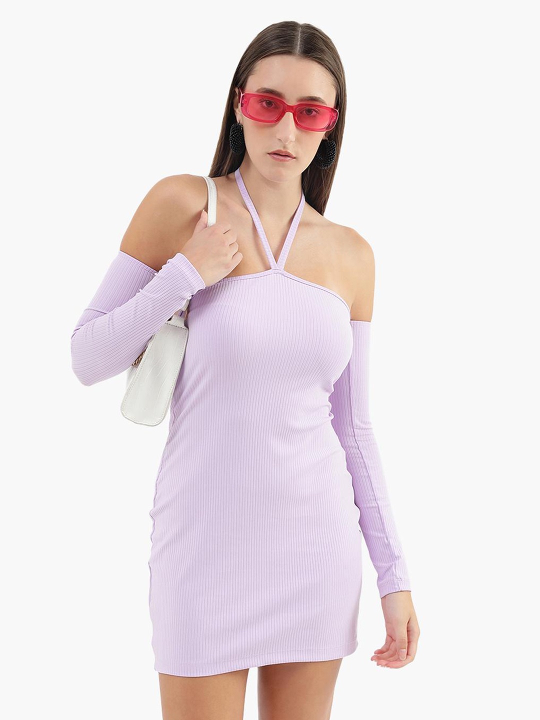 

Virgio Striped Halter Neck Bodycon Dress With Detachable Sleeves, Purple