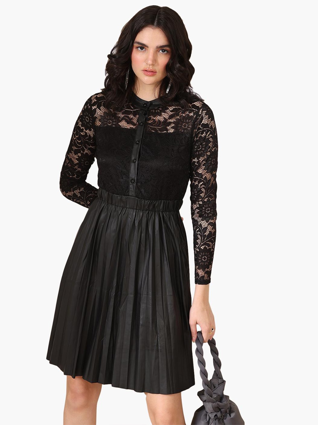 

Virgio Self Design Long Sleeves Fit & Flare Dress, Black
